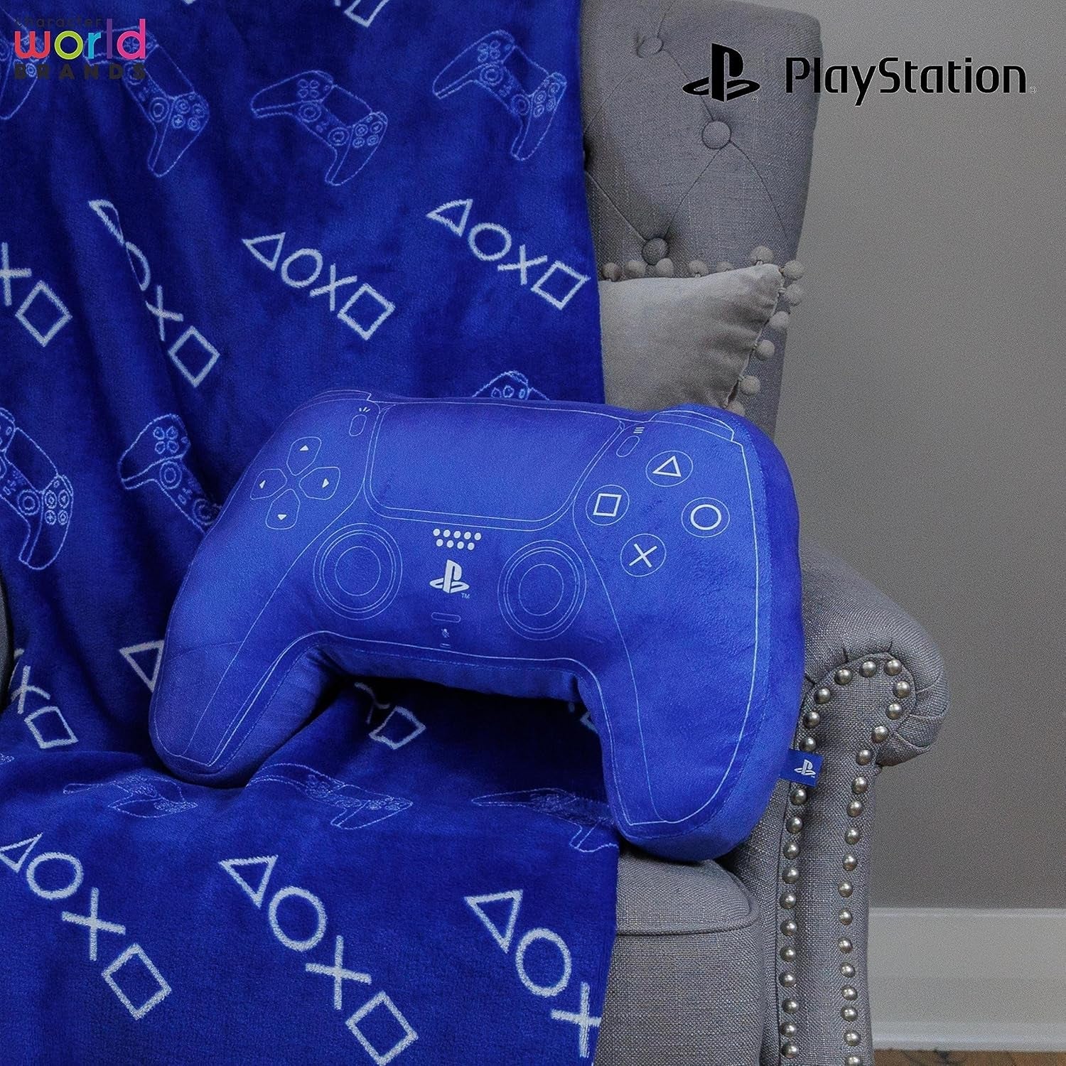 Character World: almohada con forma de controlador de Playstation con licencia oficial, diseño de auricular, almohada de felpa rellena | Perfecto para decoración de dormitorio o juego, almohadas estándar azules de Naty Shop.