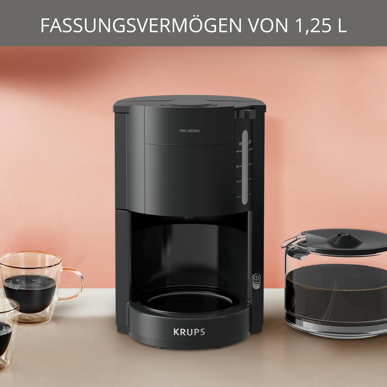 Krups F30908 ProAroma Cafetera espresso con filtro y jarra de cristal, capacidad 1,25 l, 10-15 tazas, 1050 W, negra