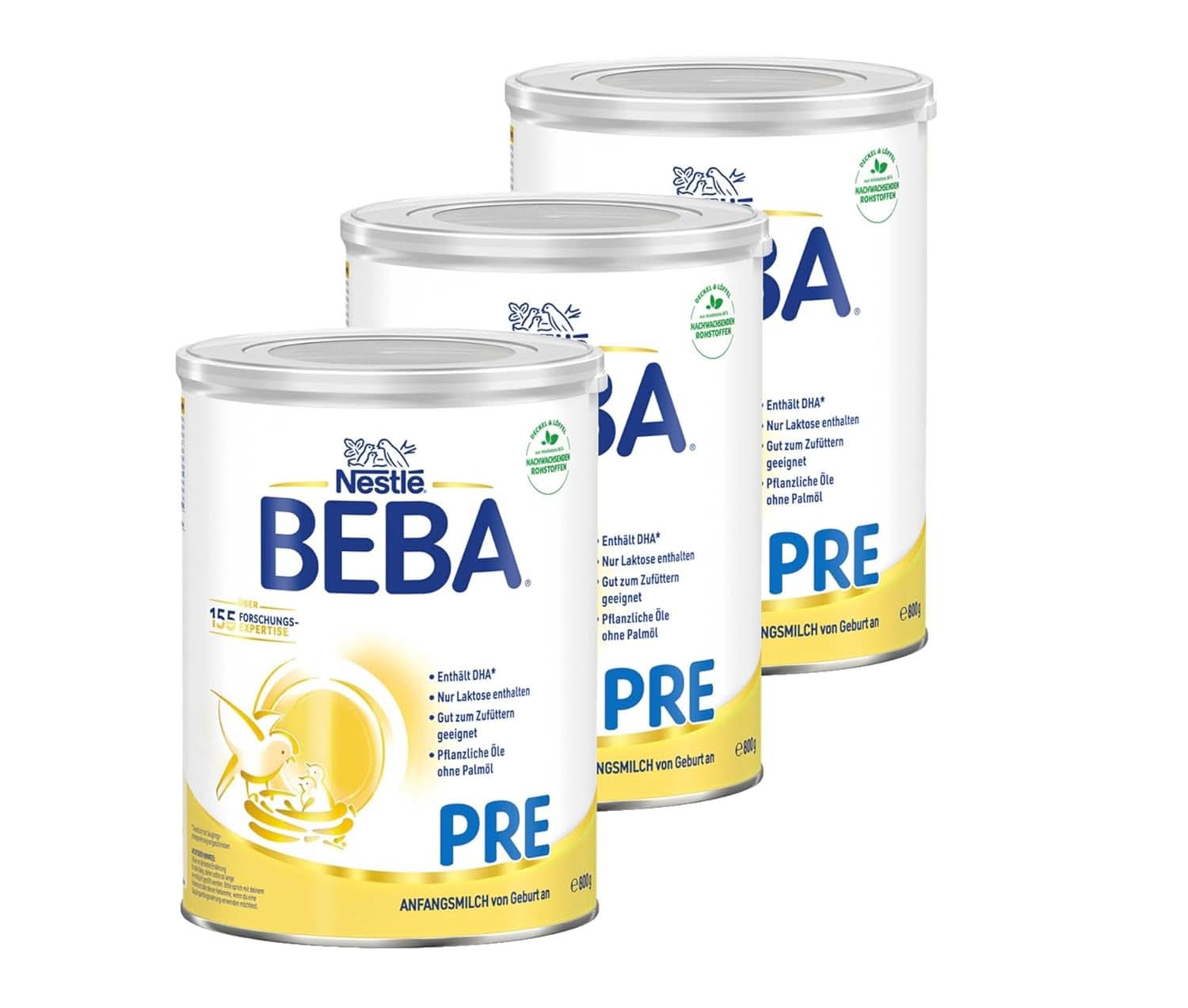 BEBA PRE Leche inicial desde el nacimiento, papilla con DHA, solo lactosa, sin aceite de palma, pack 3 (3 x 800 g) Naty Shop PRE 3 x 800 gramos