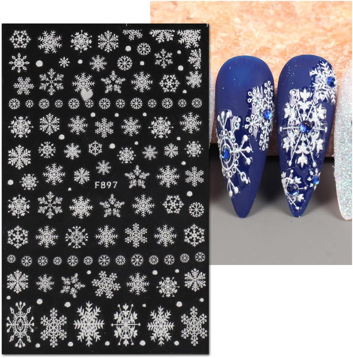 JMEOWIO Nagelsticker Weihnachten Weiß Glitter 8 Blatt Nail Art Sticker Selbstklebend Nagelaufkleber Schneeflocke Decoración navideña Nageldesign Zubehör