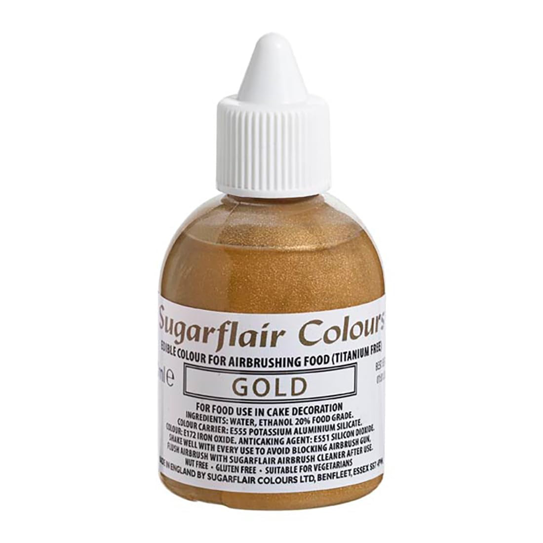 Colorante alimentario comestible Sugarflair Gold, colorante con aerógrafo para pasteles, magdalenas, glaseado y decoraciones de pasteles - 60 ml