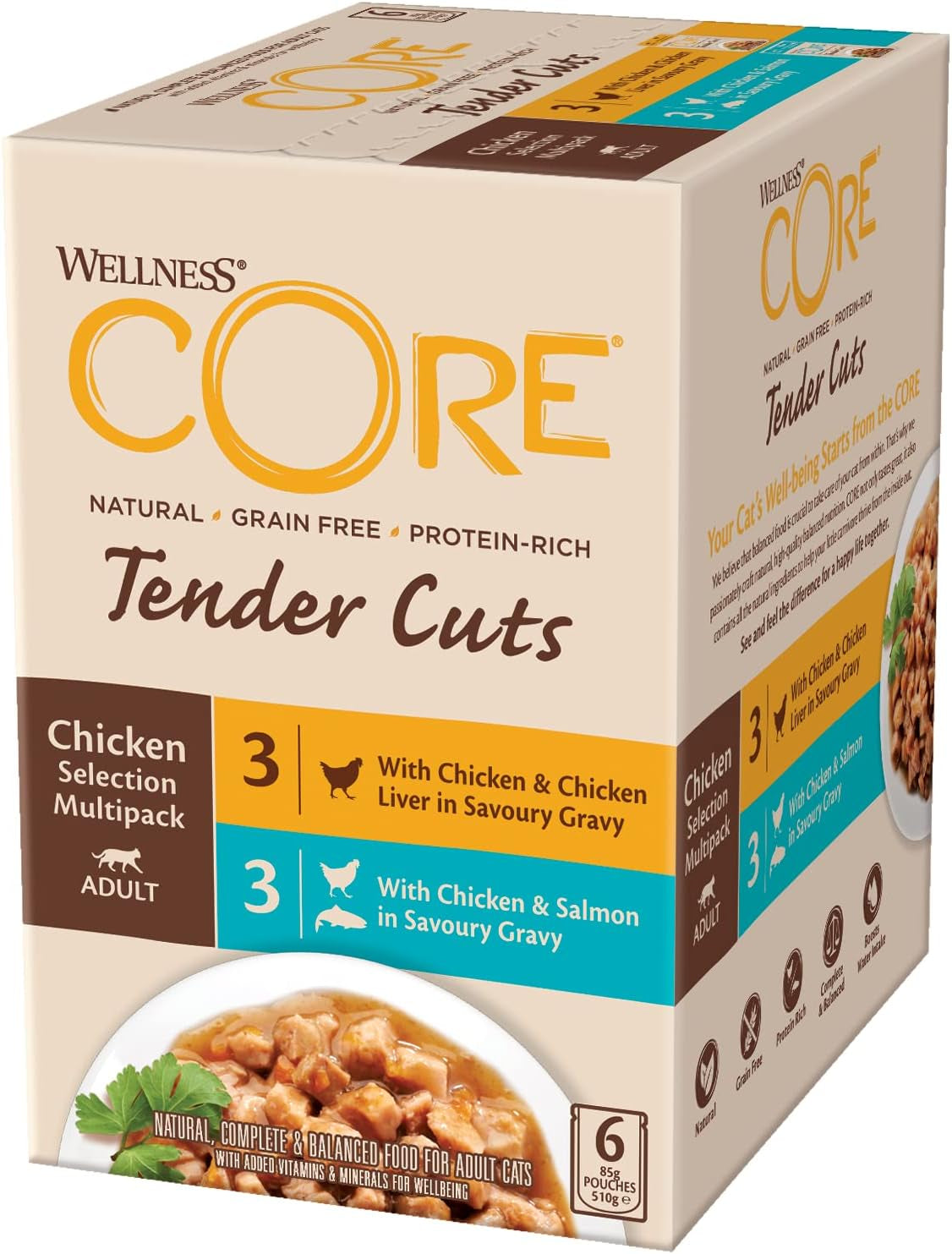 Wellness CORE Tender Cuts 6 x 85g, Mezcla Selección de Pollo - Comida húmeda para gatos, trozos tiernos en salsa, sin cereales, natural, hipoalergénico, rico en proteínas, alto contenido en carne