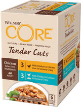 Wellness CORE Tender Cuts 6 x 85g, Mezcla Selección de Pollo - Comida húmeda para gatos, trozos tiernos en salsa, sin cereales, natural, hipoalergénico, rico en proteínas, alto contenido en carne