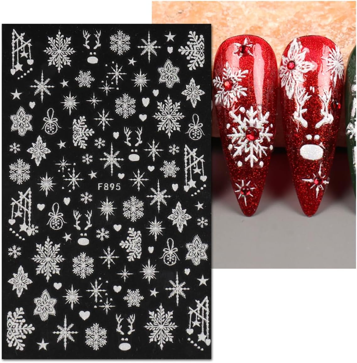 JMEOWIO Nagelsticker Weihnachten Weiß Glitter 8 Blatt Nail Art Sticker Selbstklebend Nagelaufkleber Schneeflocke Decoración navideña Nageldesign Zubehör