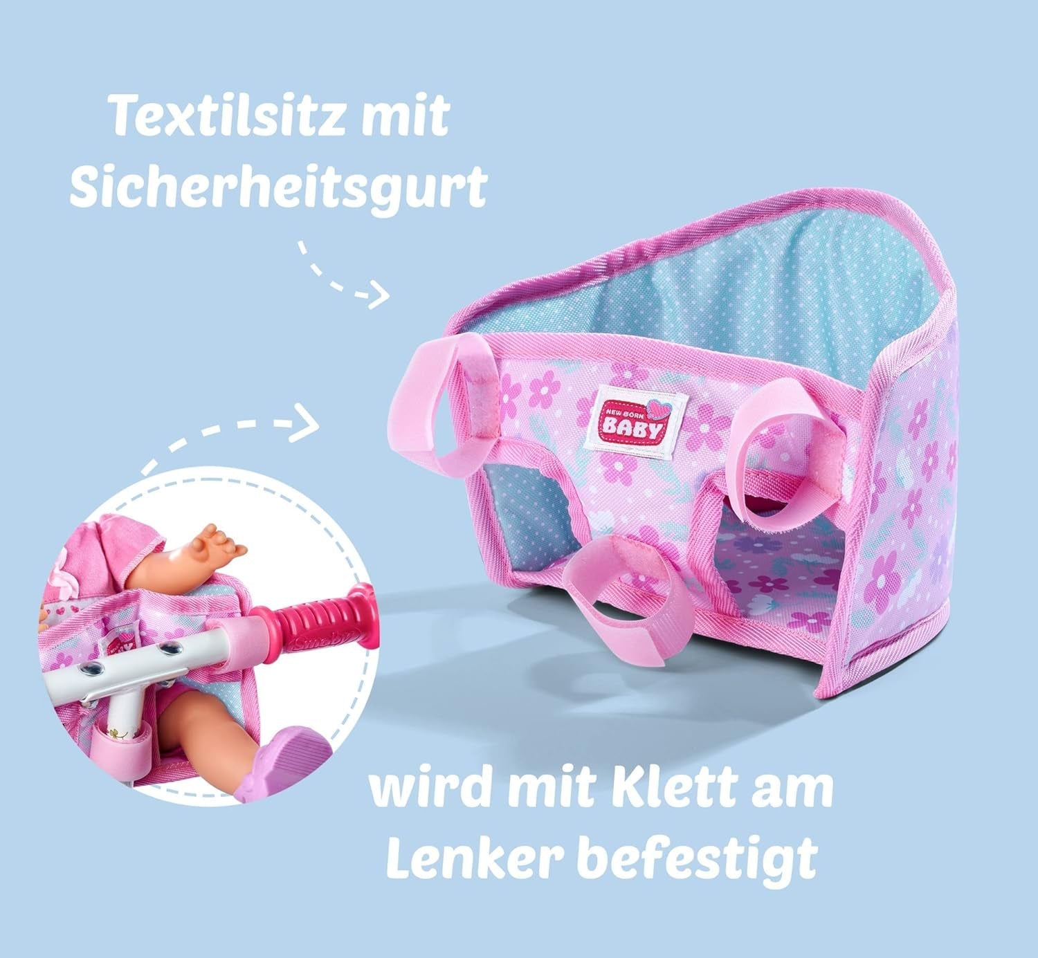 Simba 105560018 - Asiento de bicicleta para recién nacido con cinturón, accesorio para muñecos, asiento de tela, cinturón de seguridad, manillar con velcro, para muñecos de 30-43 cm, a partir de 3 años