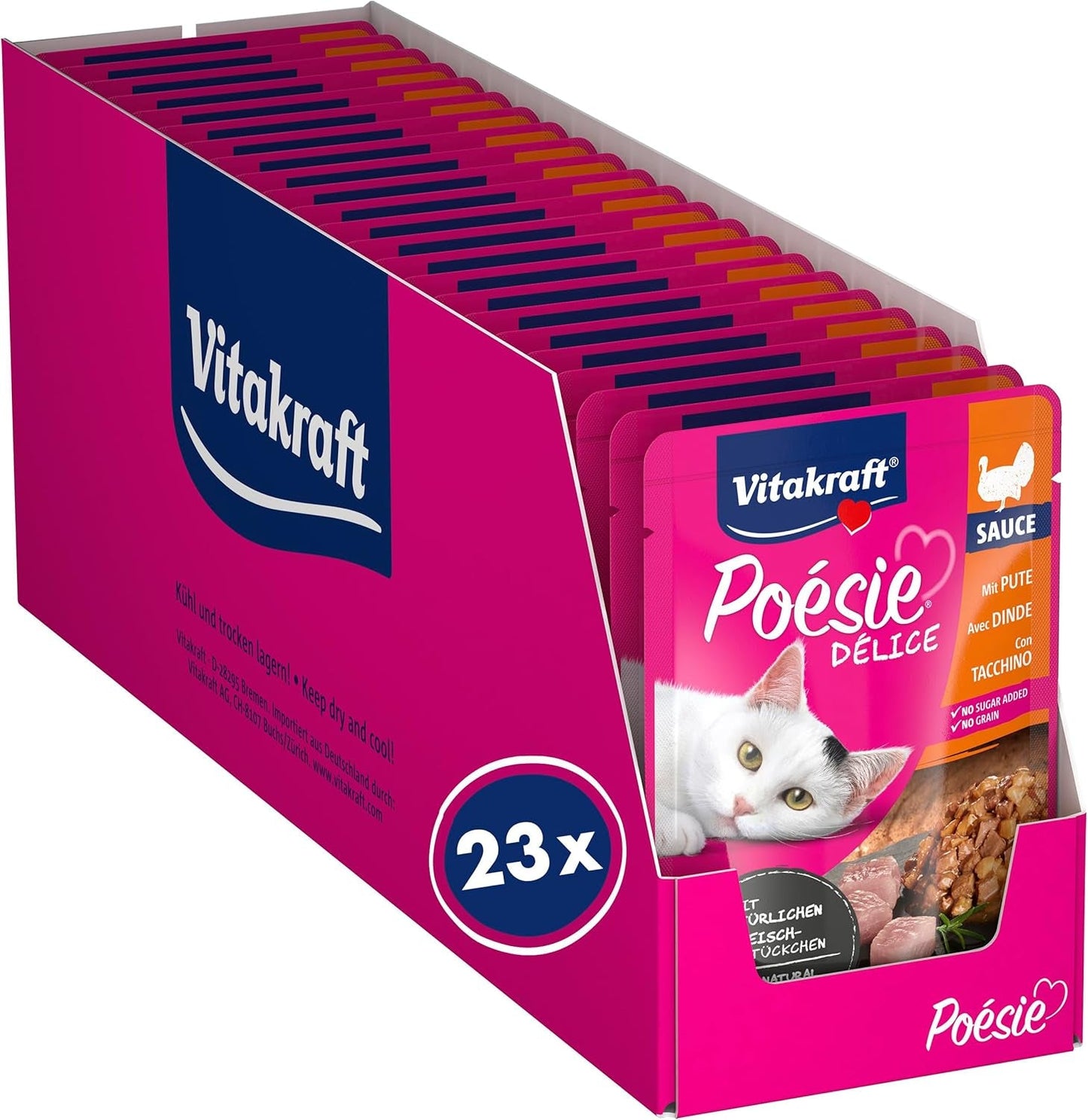 Vitakraft Poésie Délice, comida húmeda para gatos, comida para gatos en salsa, con pavo, paquete a granel, sin azúcares ni cereales añadidos (23 x 85 g)