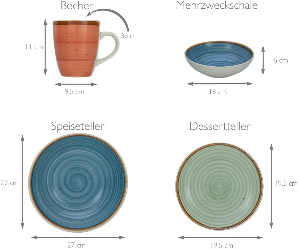 CreaTable, 22851, serie COUNTRY, juego de vajilla de 24 piezas para 6 personas, servicio combinado de porcelana, apto para lavavajillas y microondas, fabricación de calidad