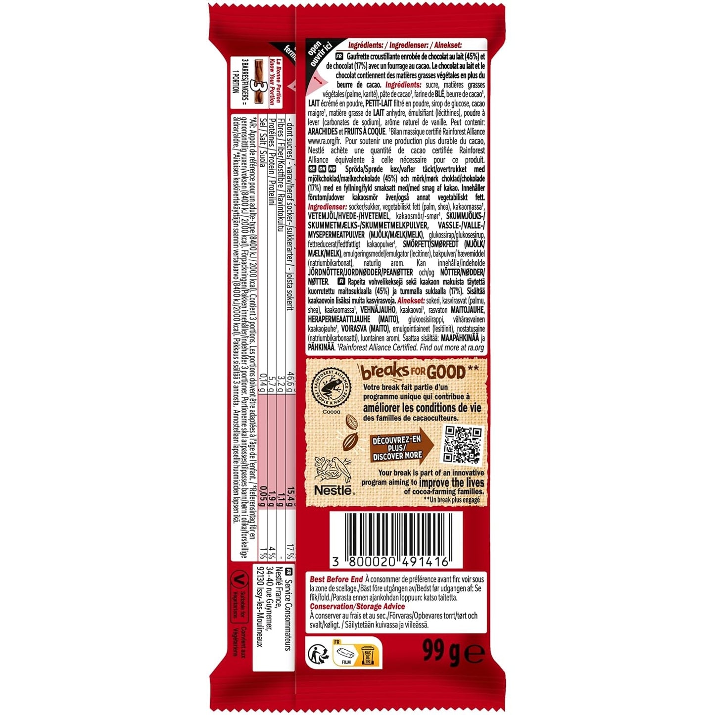 Oblea crujiente Nestlé de avellana con relleno cremoso de avellana y cobertura de chocolate veteado, paquete de 2 (1 x 99 g)