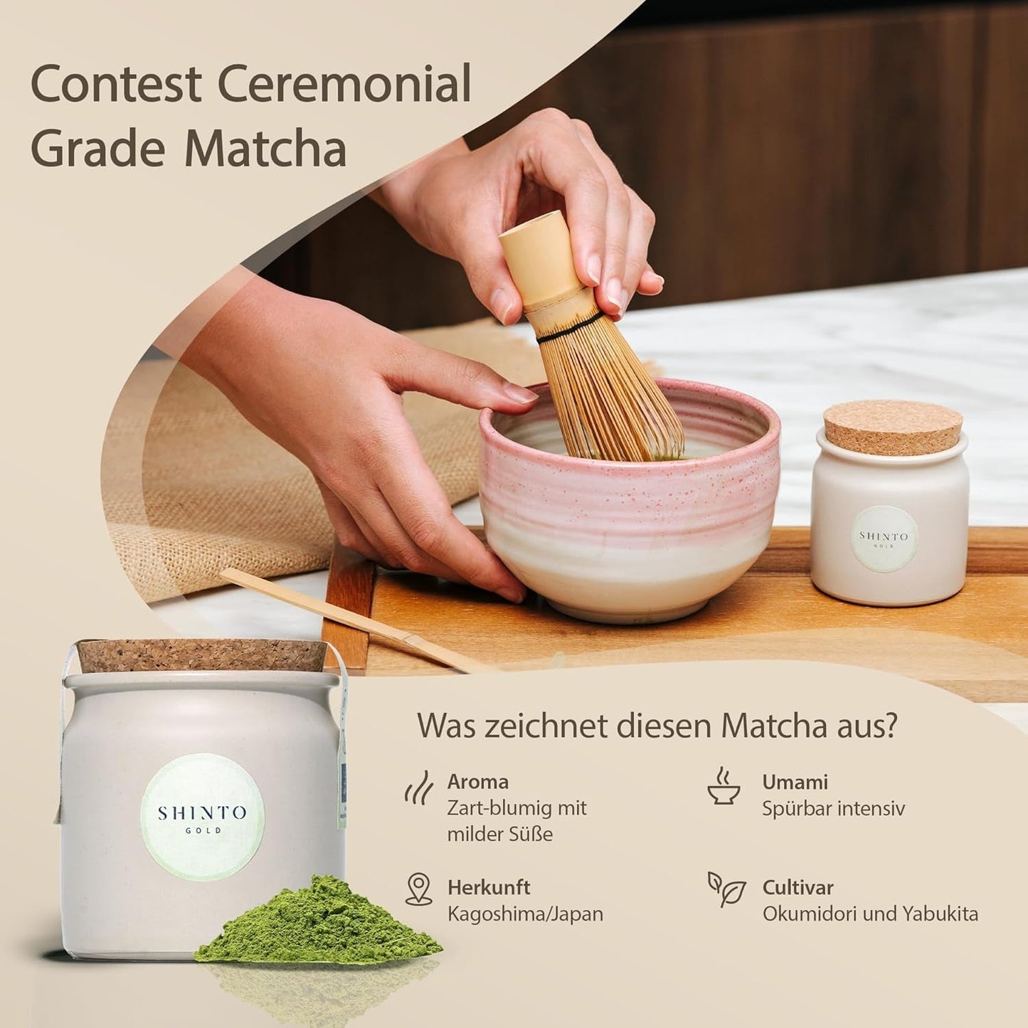 Shinto - Té Matcha orgánico "Gold" - Té verde en polvo de grado ceremonial - Certificado JAS y UE BIO - Sombreado y recogido a mano - Importación directa de Uji, Japón - 30 g