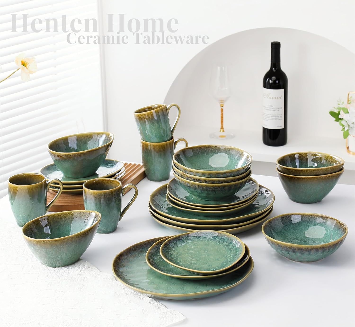 Henten Home Platos especiales de gres, cuencos para aperitivos y salsas - 20x17 cm para 4 personas, platos de desayuno de porcelana - diseño moderno en verde