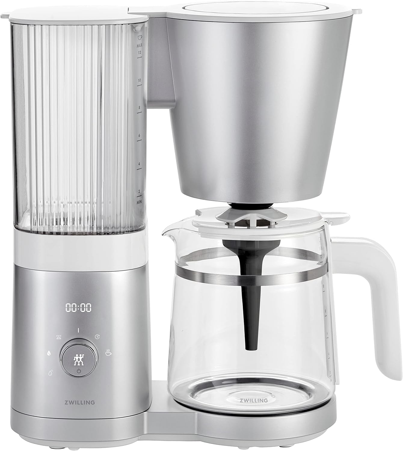 ZWILLING ENFINIGY Cafetera espresso de filtro con jarra de cristal de 1,5 l, cafetera espresso con caldera de acero inoxidable, función de floración y descalcificación inteligente, plástico, plata