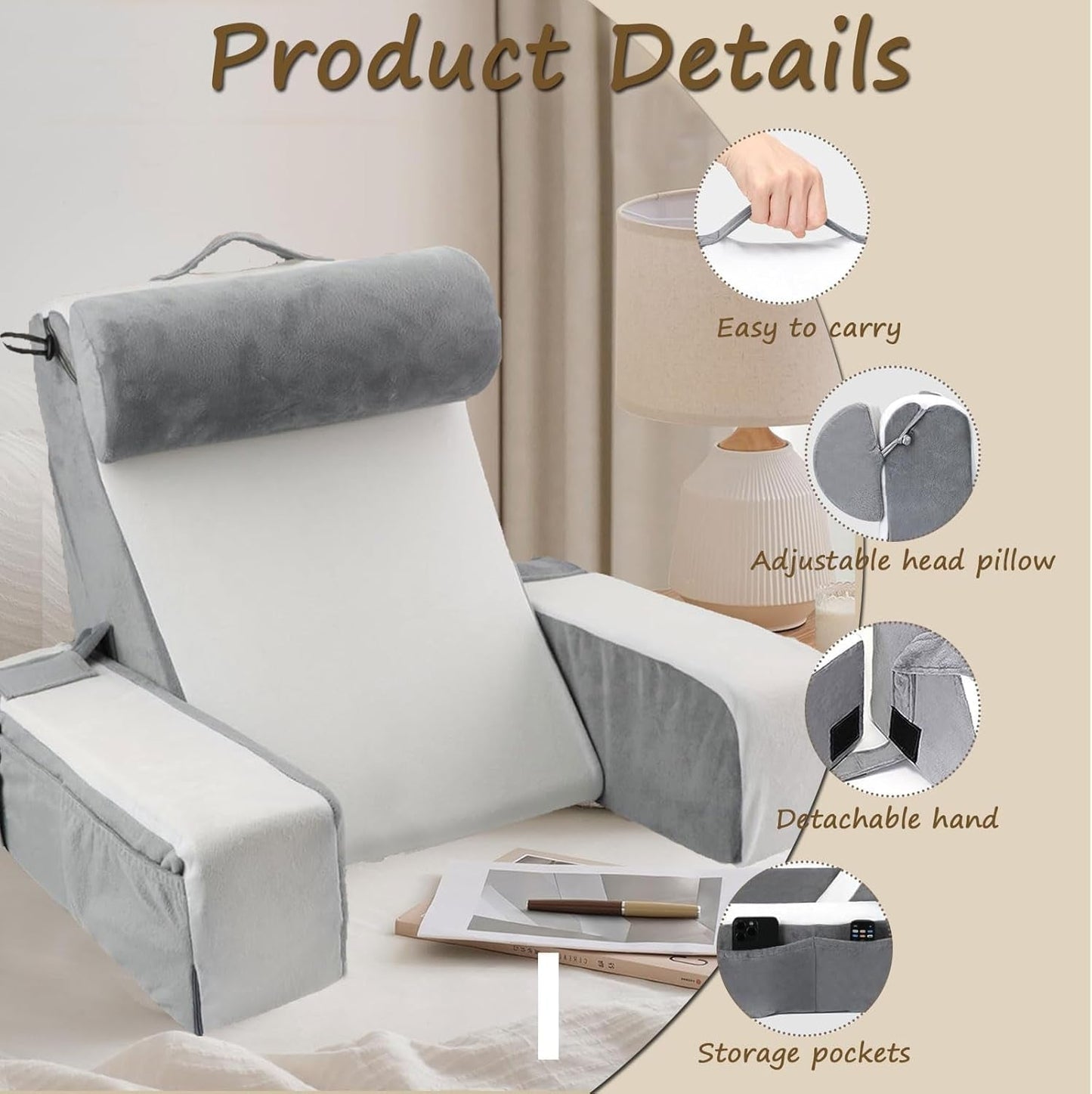 Almohada de lectura grande para cama y sofá, almohada de espalda para adultos con soporte para el cuello y reposabrazos, almohada de respaldo ergonómica con bolsillo y funda lavable para descansar, leer, mirar televisión (WH)