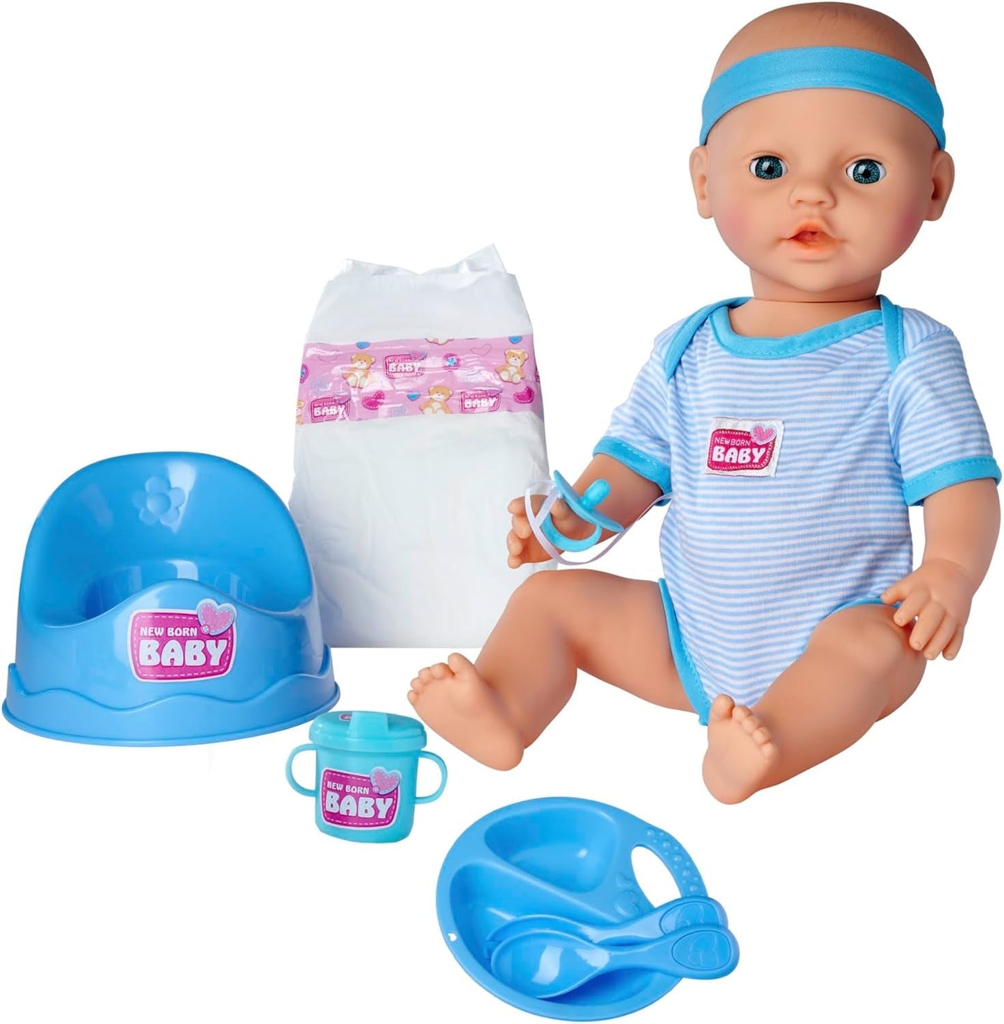 Simba 105030044 - Muñeco Recién Nacido - Niño, Muñeco Completo de Vinilo con Ojos para Dormir, Función para Beber y Mojar y Accesorios, 8 Piezas, 43cm, Muñeco Bebé, Edad 3+