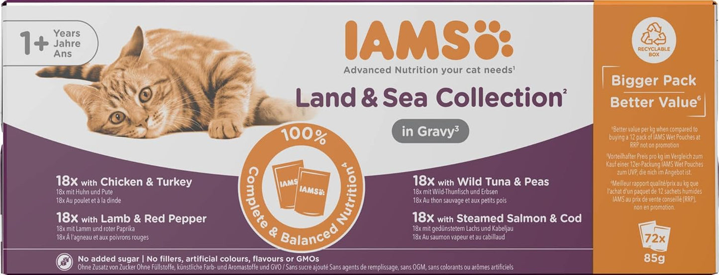 IAMS Delights Land & Sea Collection Comida Húmeda para Gatos - Surtido de Carne y Pescado Multipack en Salsa, Comida Húmeda para Gatos a Partir de 1 Año, 72 x 85 g