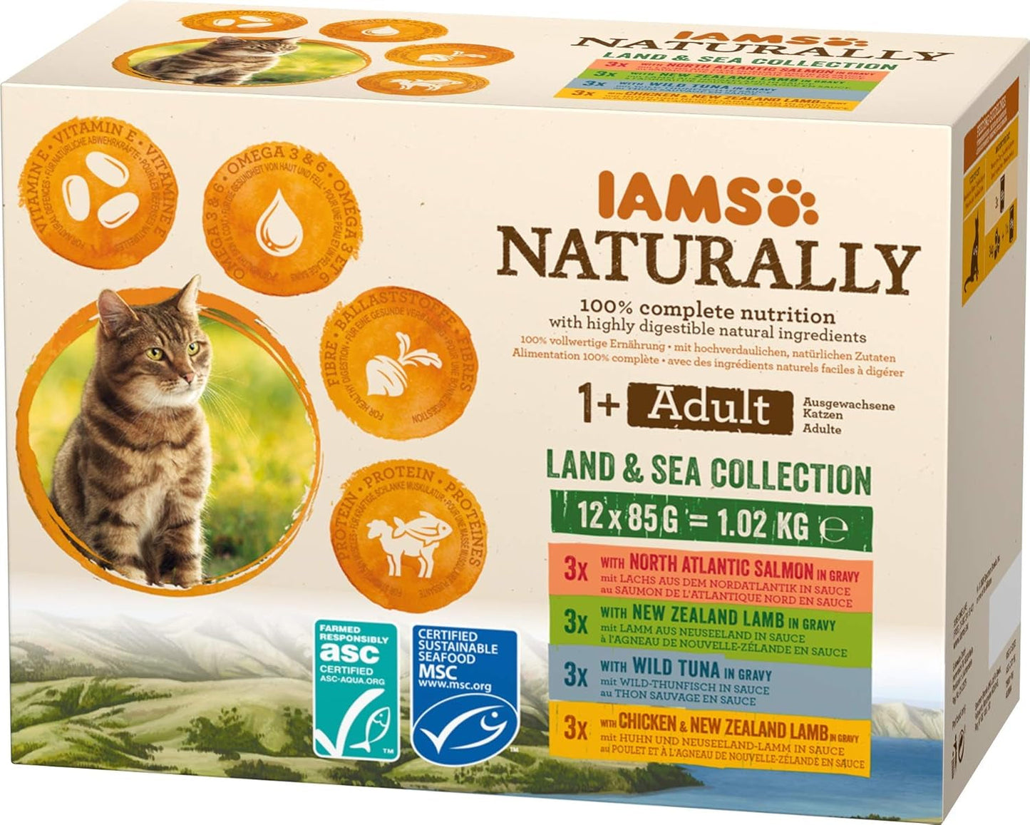 IAMS Comida húmeda natural para gatos en salsa - Comida húmeda de carne y pescado de alta calidad para gatos adultos, Colección Land & Sea, 12 x 85 g