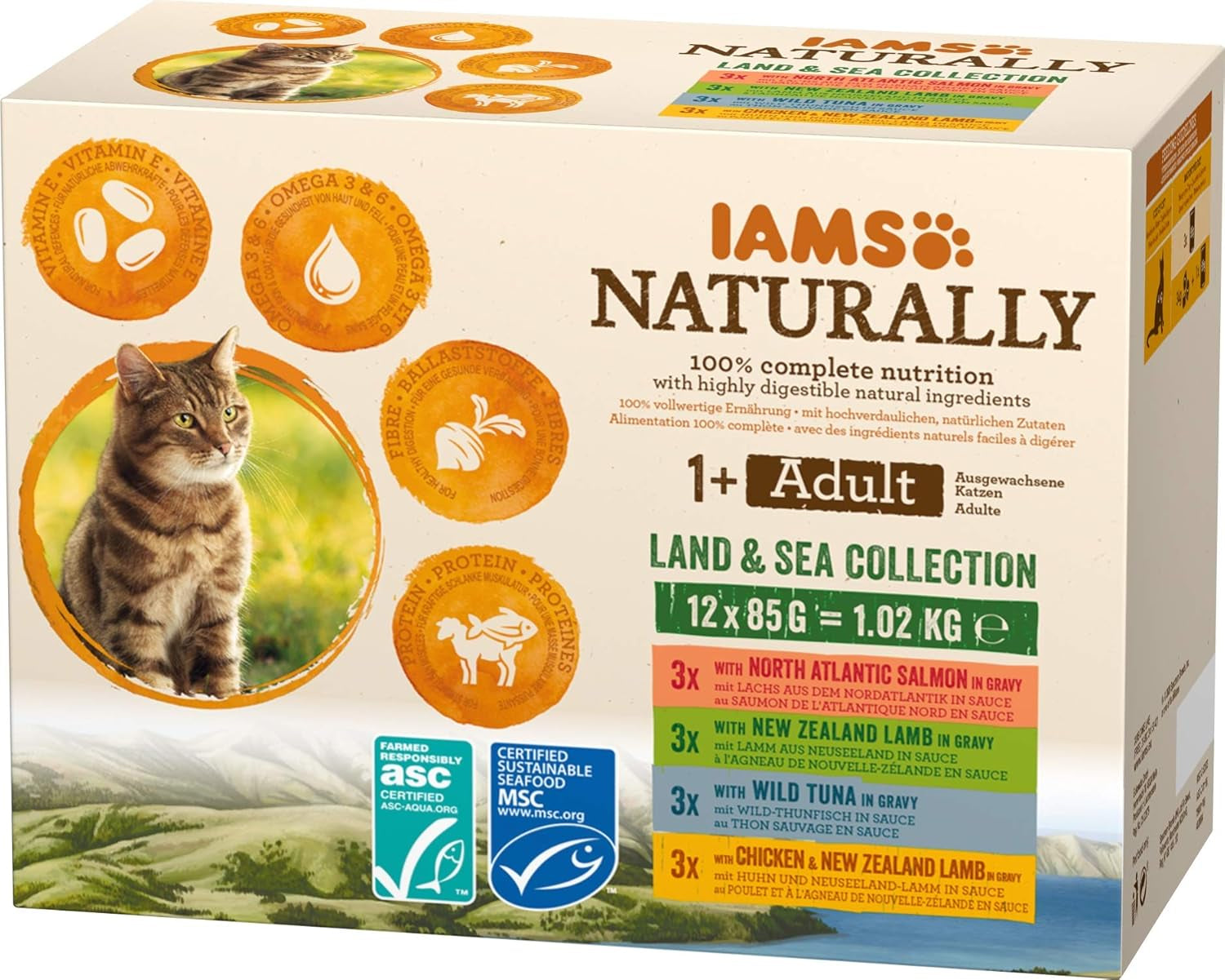 IAMS Comida húmeda natural para gatos en salsa - Comida húmeda de carne y pescado de alta calidad para gatos adultos, Colección Land & Sea, 12 x 85 g