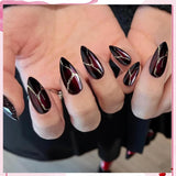 24 piezas de uñas postizas rojas y negras, pegamento en uñas postizas, pegamento en las uñas, puntas de uñas en forma de almendra, cubierta completa, uñas postizas, juego de uñas postizas rojas y negras