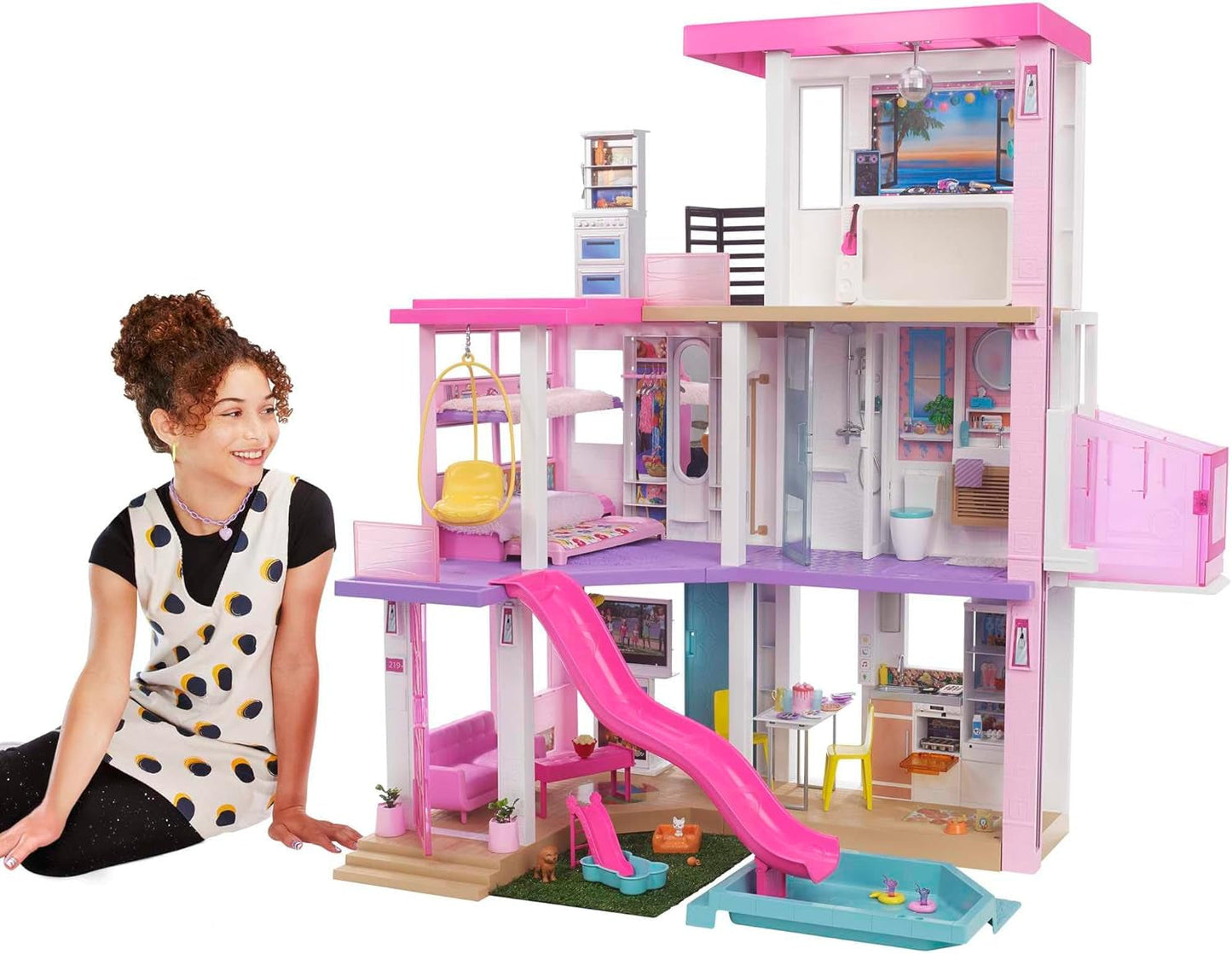 Barbie Dream House (114 Cm), Casa de Muñecas de 3 Pisos, Piscina, Tobogán, Elevador de Silla de Ruedas, 75 Accesorios, Muñecas, Apta como regalo para niños a partir de 3 años, GRG93 Naty Shop Casas de Muñecas Versión 2021