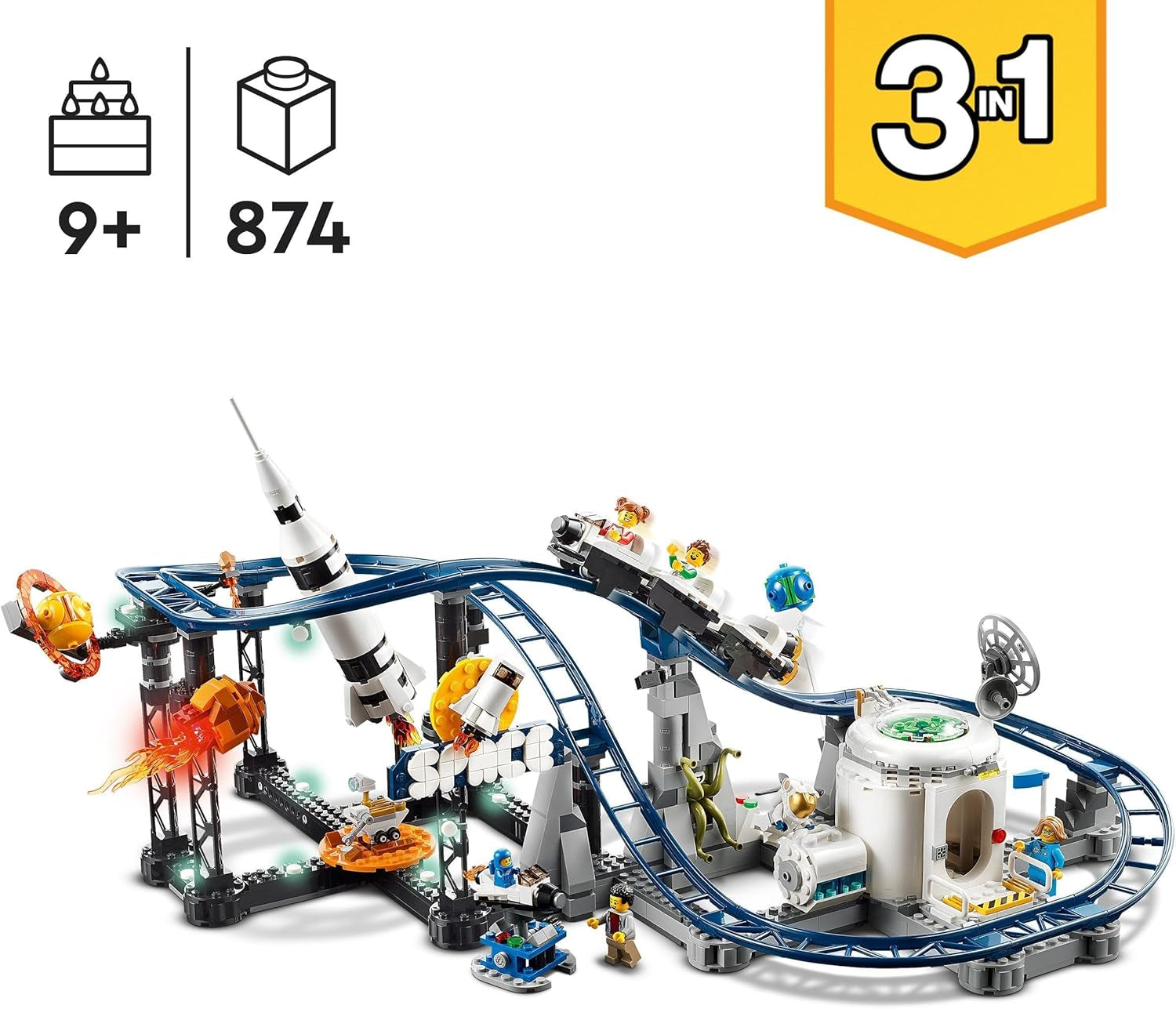 LEGO 31142 Creator Kit de juguetes de montaña rusa espacial 3 en 1 para niños con carros funcionales, se convierte en una torre de caída libre o carrusel con cohetes y ladrillos brillantes Juegos de construcción Besuche den LEGO-Store