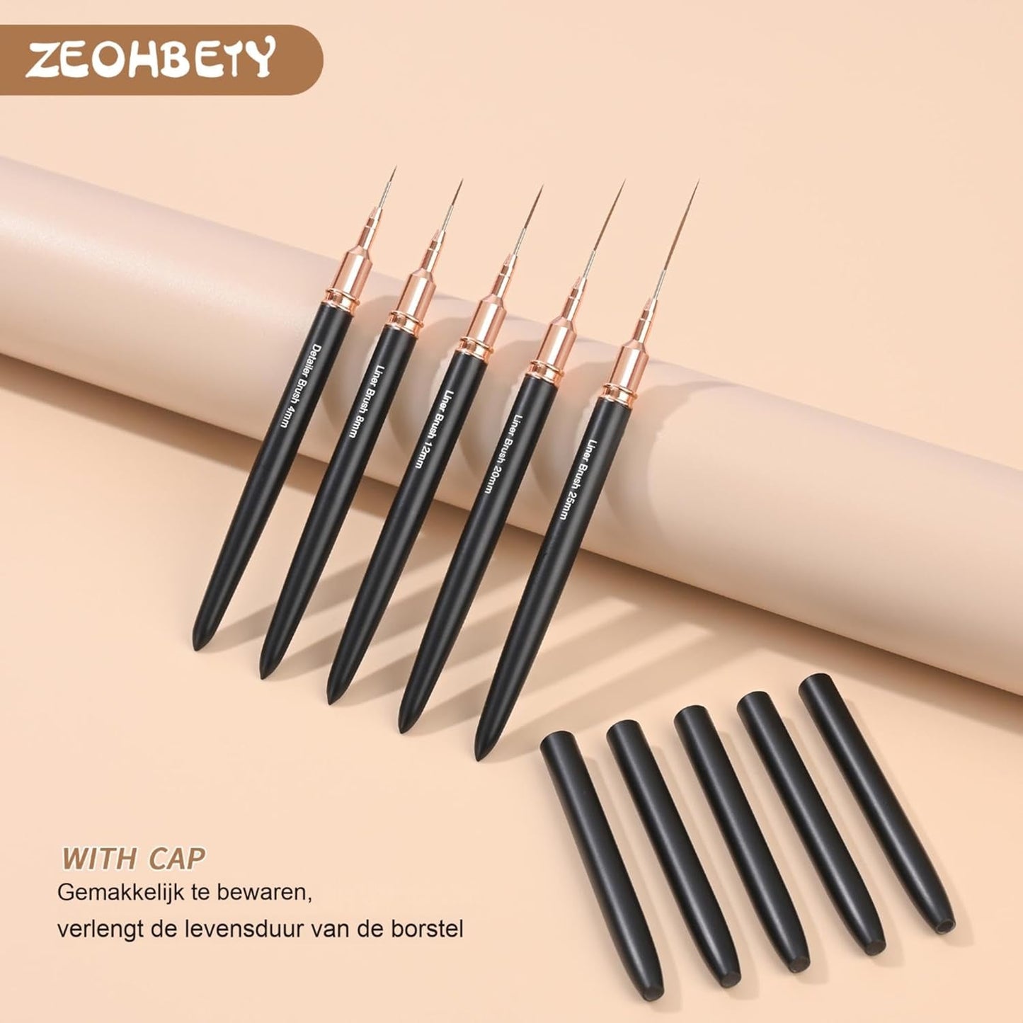 Pinceles para uñas, 5 piezas Pinceles para contorno de uñas, Juego de pinceles para diseño de pintura, Herramienta de dibujo de punta de uñas para líneas largas, Detalles finos, Dibujo fino en tamaño 6/9/12/15/18 mm, Negro