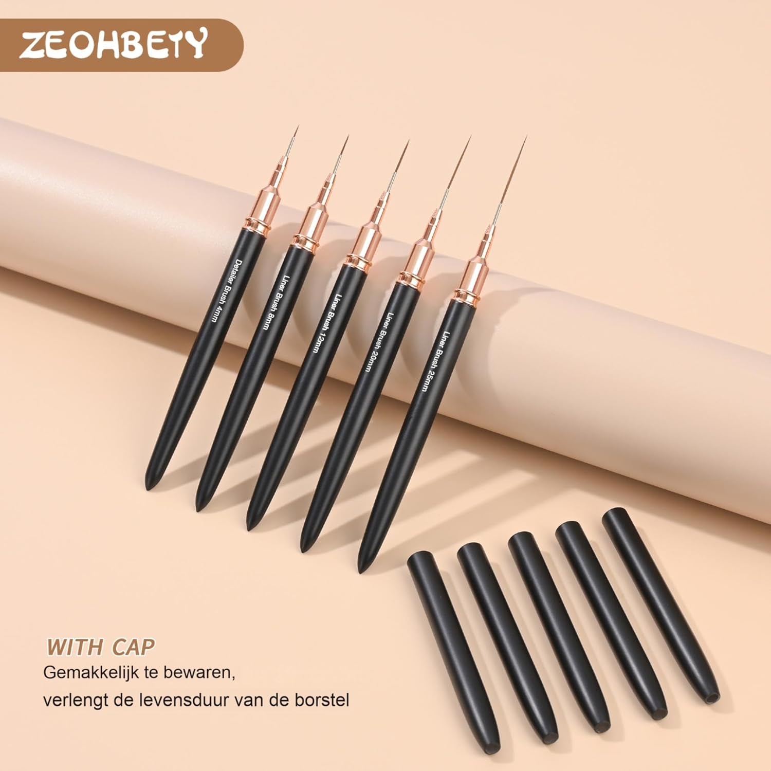 Pinceles para uñas, 5 piezas Pinceles para contorno de uñas, Juego de pinceles para diseño de pintura, Herramienta de dibujo de punta de uñas para líneas largas, Detalles finos, Dibujo fino en tamaño 6/9/12/15/18 mm, Negro