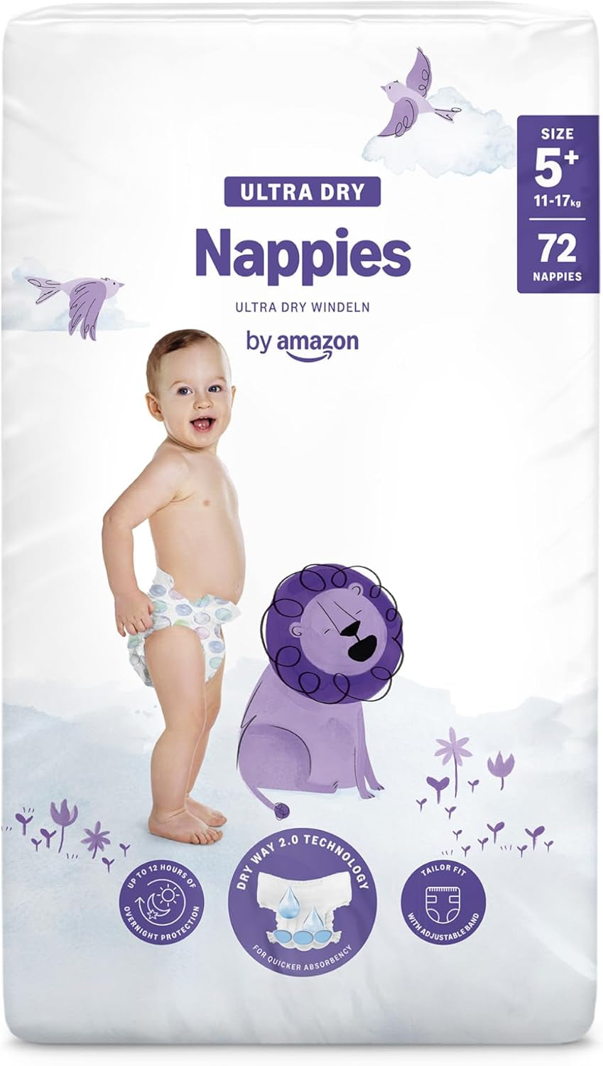 Pañales Amazon Ultra Dry, tamaño 1 (2-5 kg) - Caja mensual, blanco, 96 unidades (2 paquetes de 48) (anteriormente marca Mama Bear, producto idéntico)