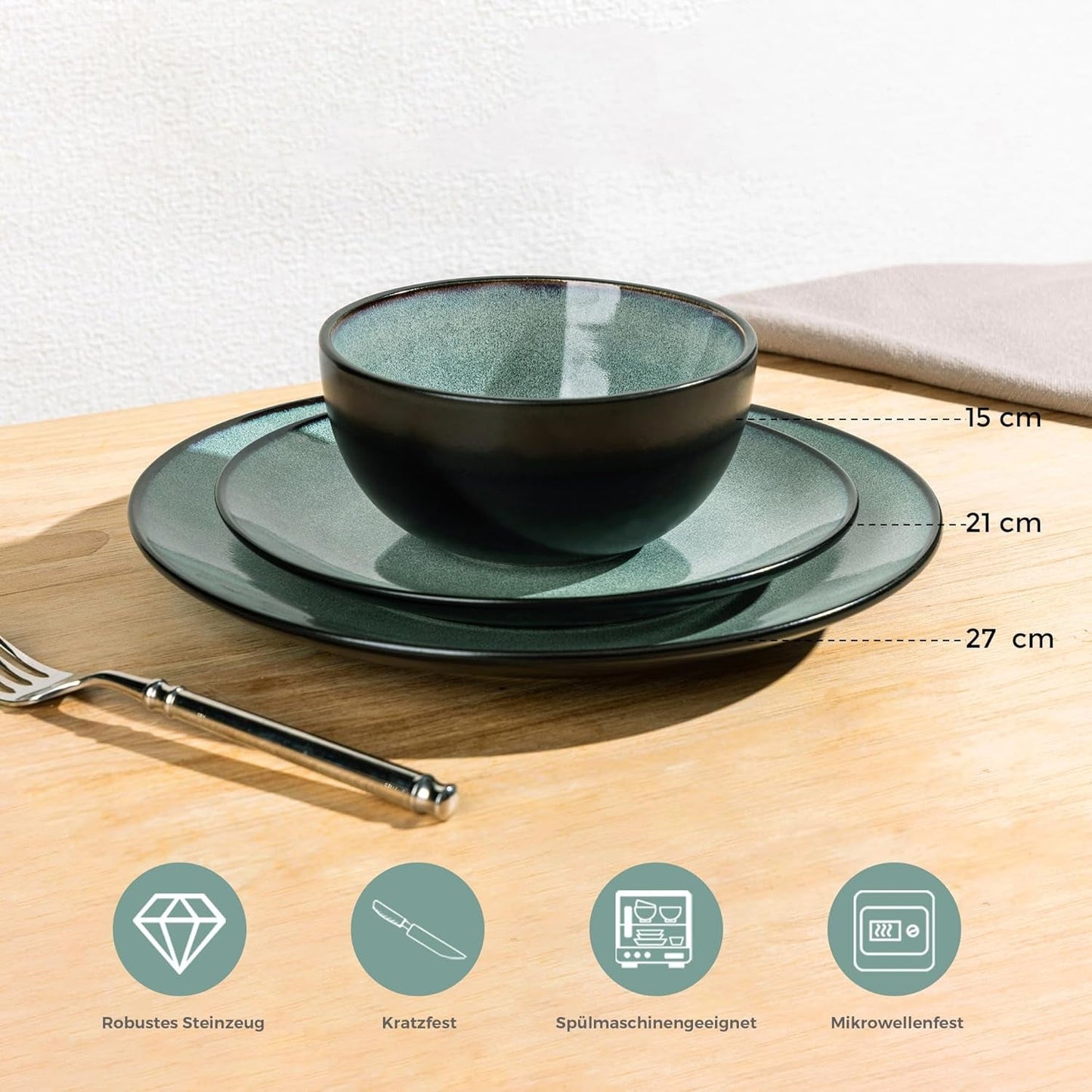 GBhome Juego de vajilla de porcelana para 4 personas, 12 piezas, esmaltado reactivo, hecho a mano, apto para microondas y lavavajillas, juego de platos y cuencos, color petróleo GDW025WB-EU