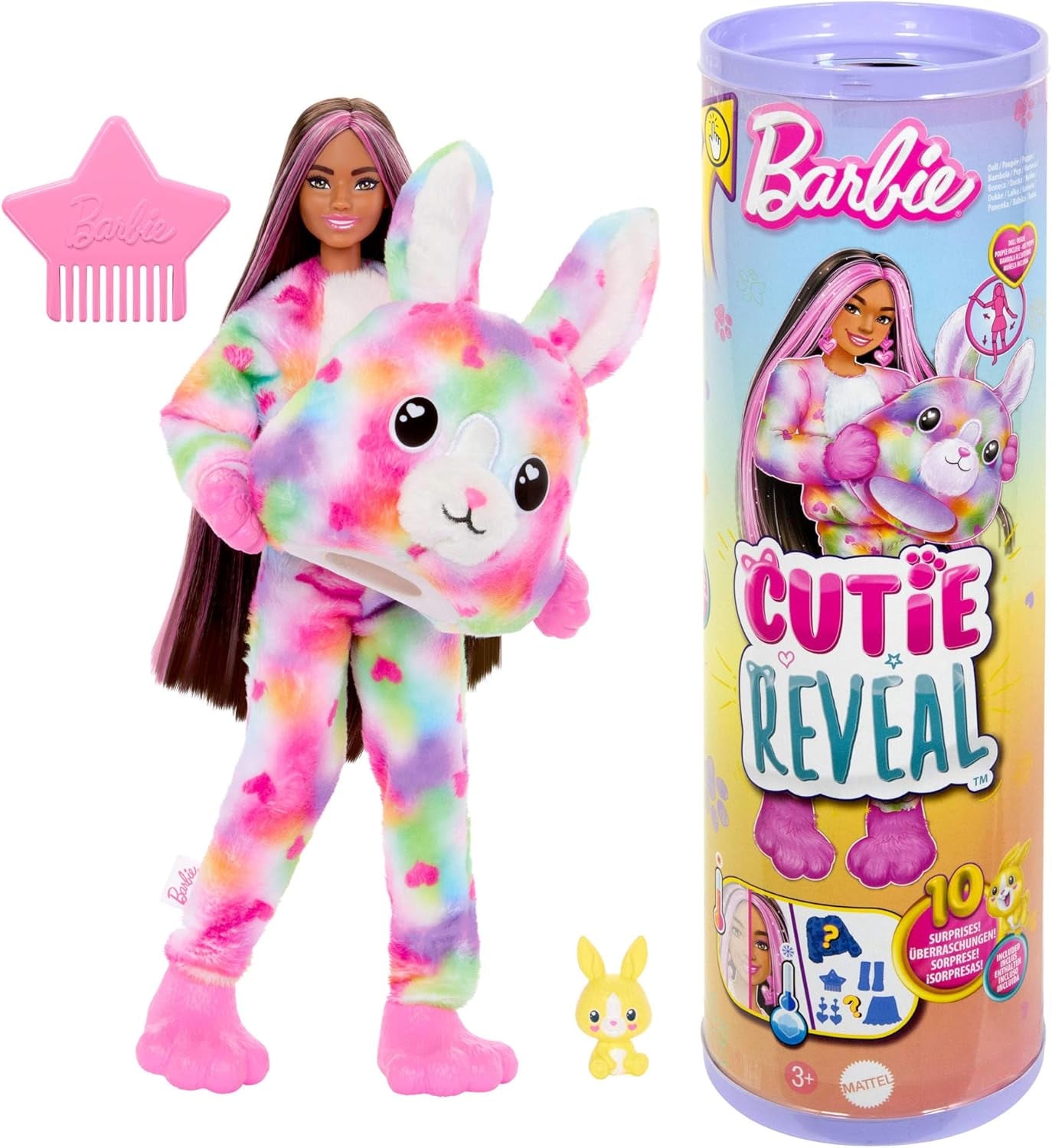 Muñeca Barbie Cutie Reveal y Accesorios, Disfraz de Conejita Batik de Felpa y 10 Sorpresas que Cambian de Color, Serie Color Dream, HRK38 Naty Shop Muñecas Conejitas Batik