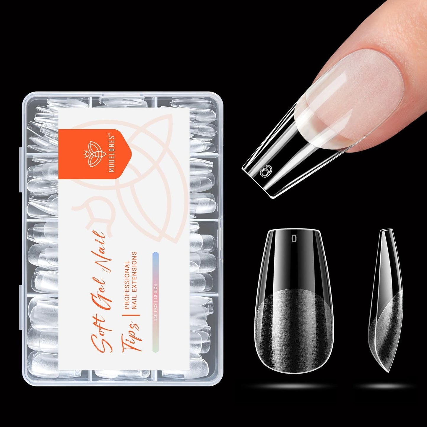 Modelones Puntas de Uñas 216 Piezas - Juego de Puntas de Uñas de Cobertura Completa, Juego de Puntas de Gel Suave, Puntas de Uñas de Resina PMMA Prepulido, Pegamento DIY en Uñas Artificiales, Almendras Cortas XS