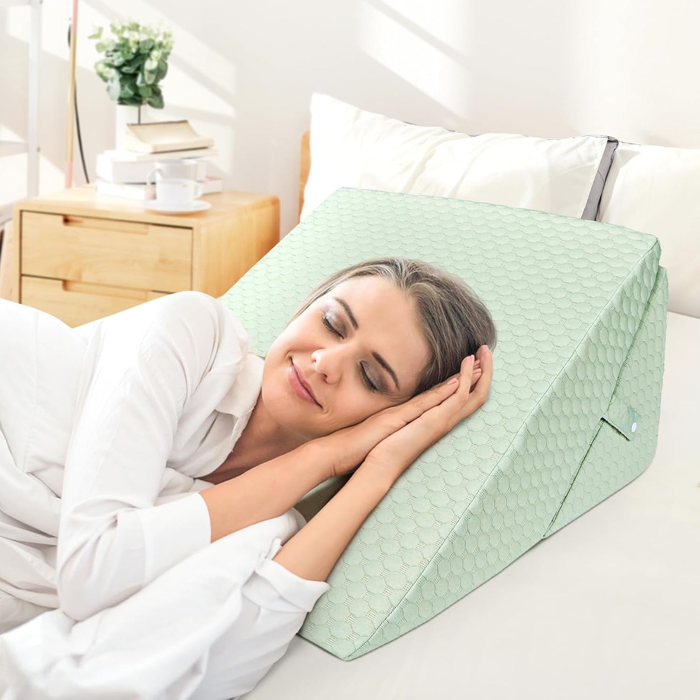 INFANZIA Almohada de cuña para Cama, Almohada de Esquina, Almohada Triangular, Plegable, Espuma viscoelástica, Apnea del sueño, reflujo ácido, elevación de piernas, Lectura, Verde