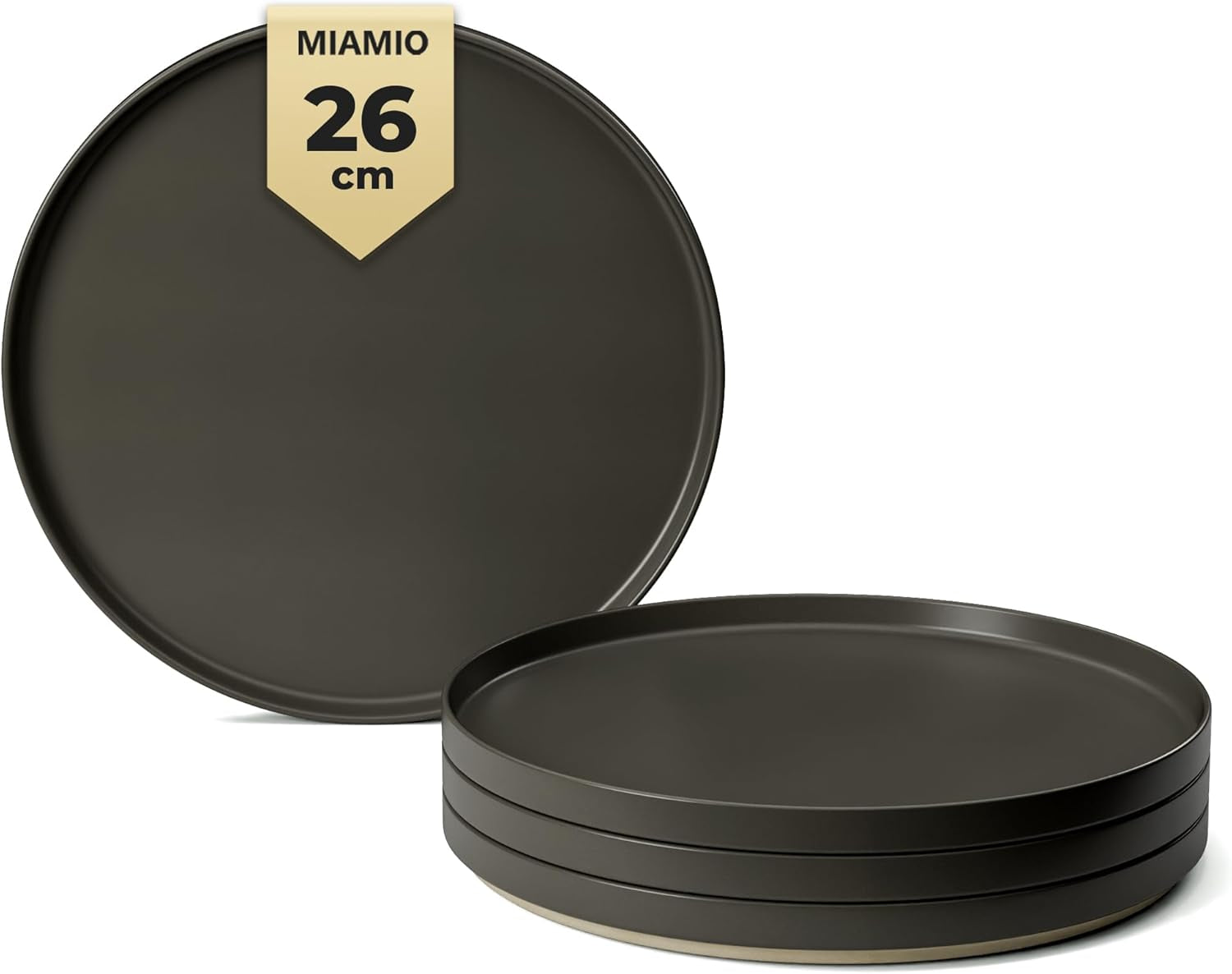 MIAMIO - Juego de Platos para 4 Personas / Vajilla de Cerámica para 4 Personas, Vajilla de Gres Apta para Lavavajillas y Microondas - Colección Sierra (Platos Oscuros, Platos Grandes (4x))