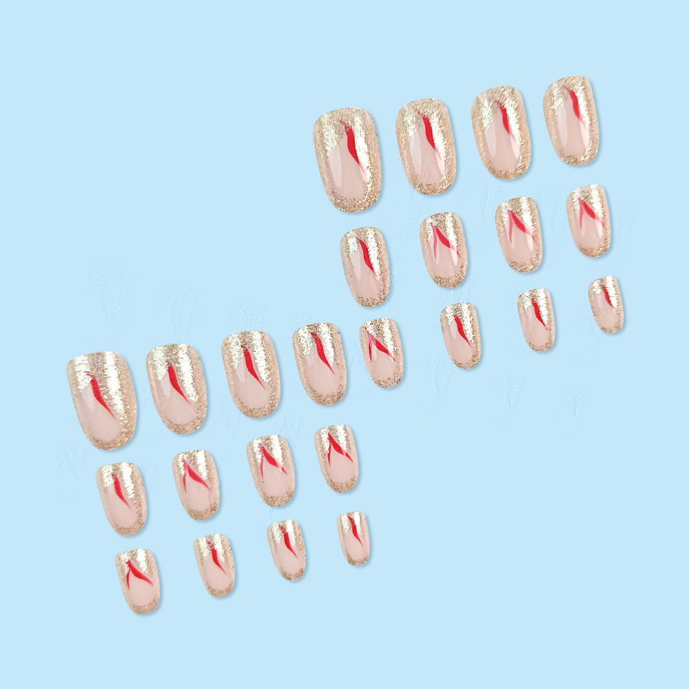 24 Uds. De uñas postizas con purpurina dorada, pegamento en remolino rojo, juego para uñas adhesivas, accesorios para uñas acrílicas para mujer