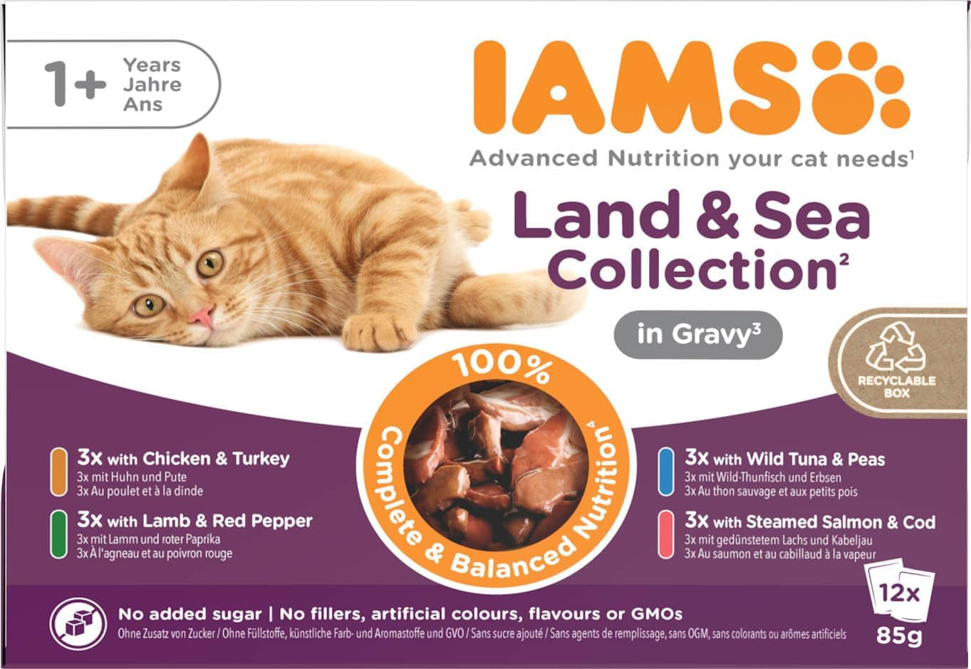IAMS Delights Land & Sea Collection Comida Húmeda para Gatos - Surtido de Carne y Pescado Multipack en Salsa, Comida Húmeda para Gatos de 1 Año y Más, 12 x 85 g