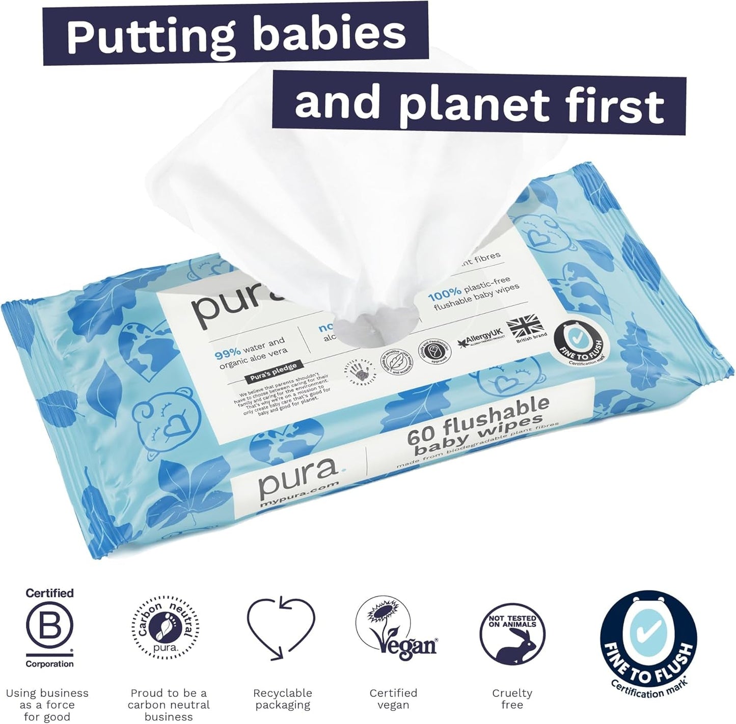 Toallitas desechables ecológicas para bebés para pieles sensibles del bebé 70 toallitas (1 paquete) 99% de agua 100% sin plástico para pieles sensibles Recién nacidos propensos al eccema Biodegradables Veganos