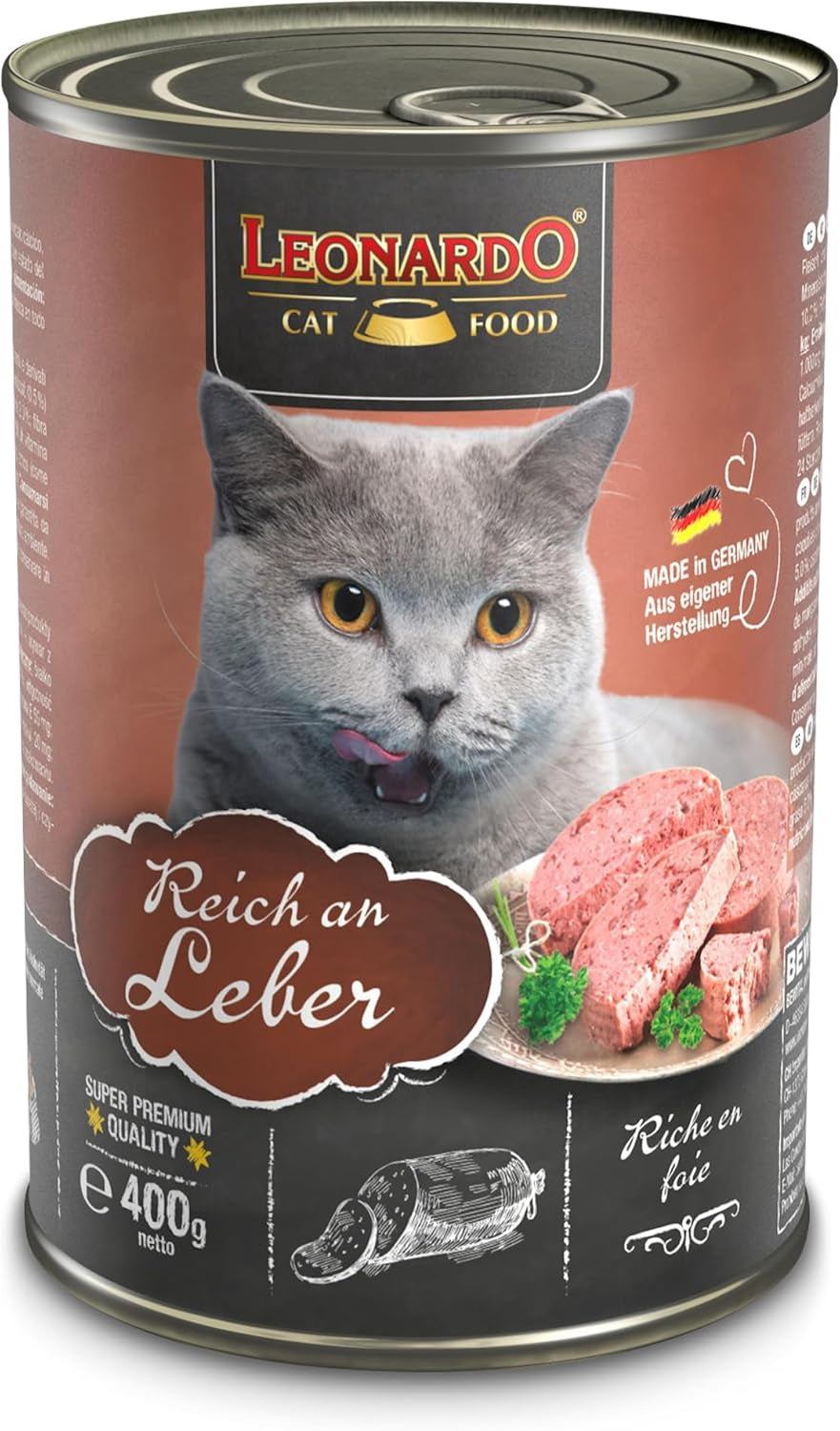 LEONARDO Comida húmeda [6x400g hígado] | Comida húmeda para gatos sin cereales | Conservas húmedas completas