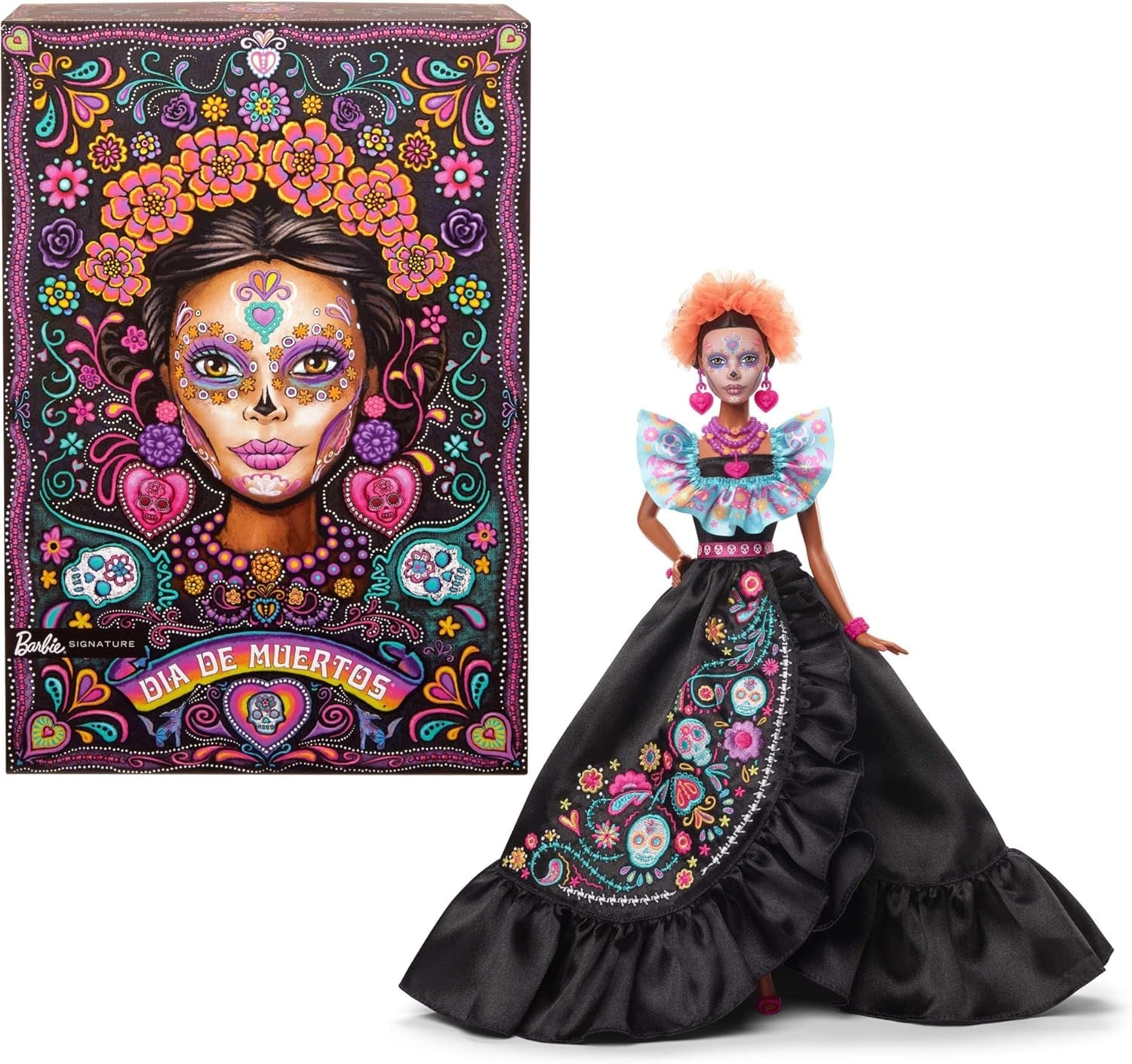 Muñeca Barbie Signature, figura coleccionable del Día de Muertos 2024 con vestido negro y top con volantes azul, estampado bordado y accesorios coloridos, HRM72