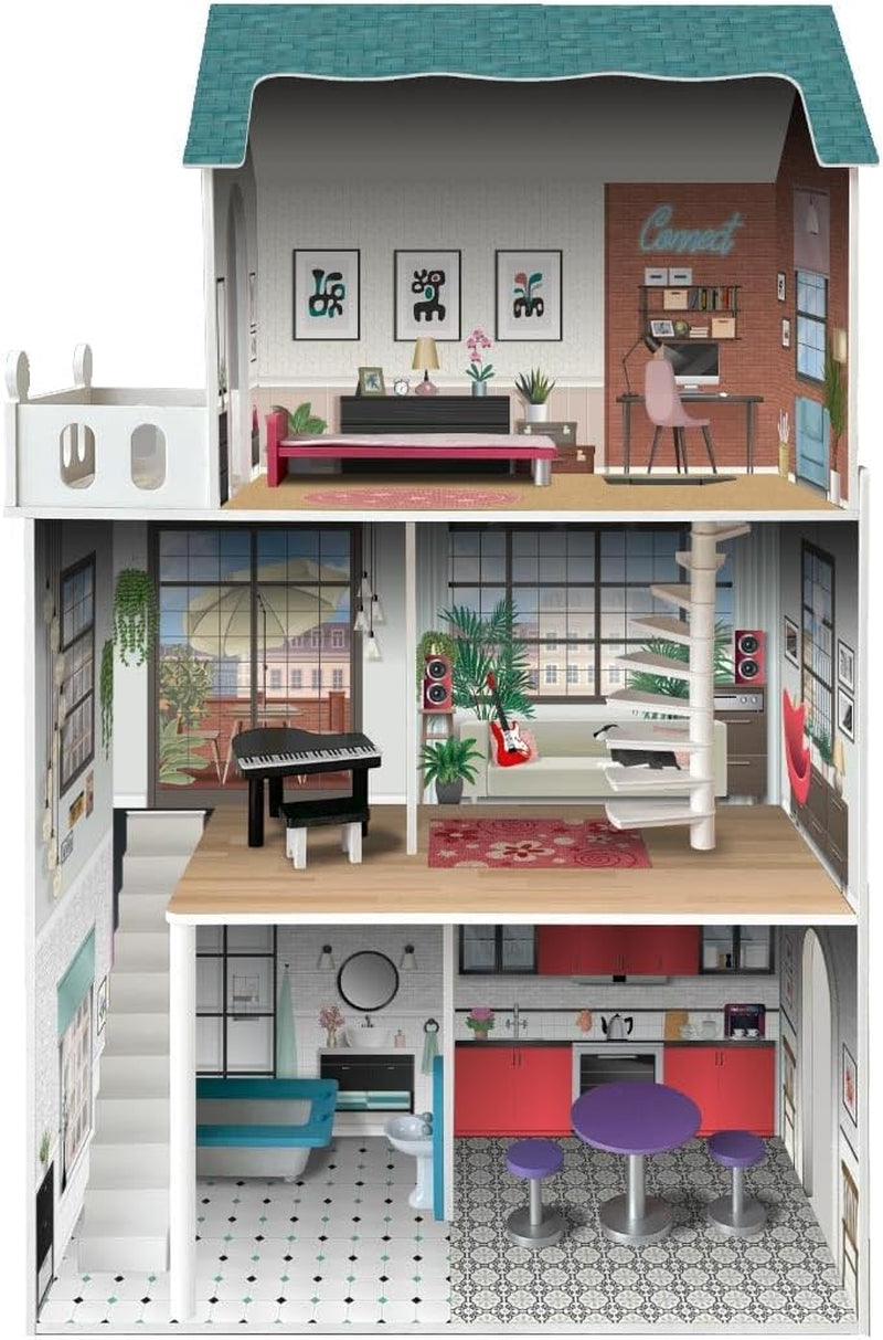 Casa de muñecas diseño Soho-Madera de 3 plantas con 8 muebles, tamaño 120 X 33 X 75 cm (913D00181) Naty Shop Casas de Muñecas