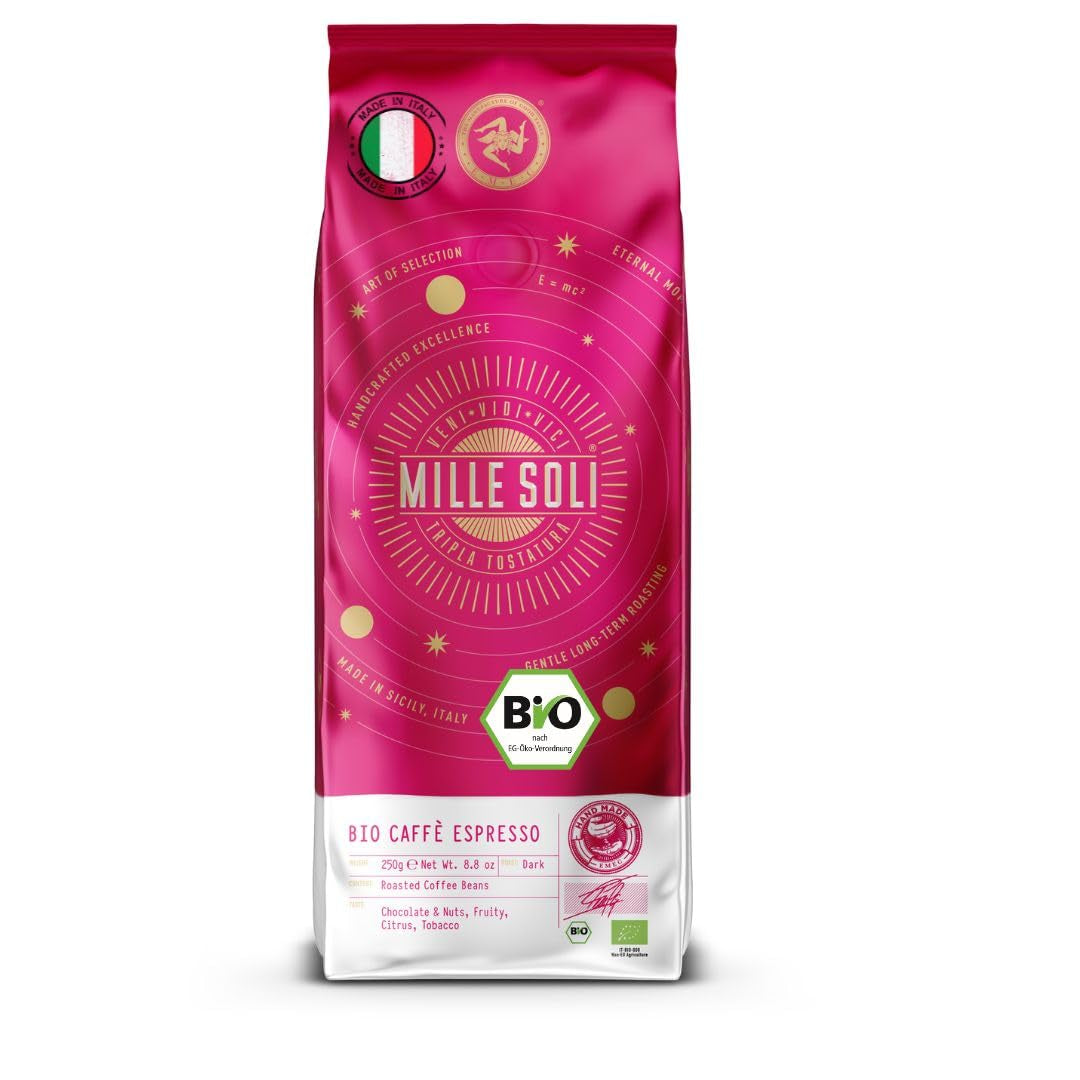 Caffè Organic Espresso Beans 250 g - 100% orgánico - Tostado en Sicilia - Método de tostado artesanal centenario - Granos de espresso premium para máquinas totalmente automáticas y portafiltro