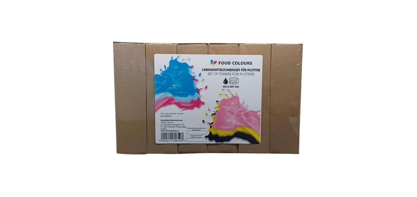Set de colorantes alimentarios con tintas comestibles para plotters 6 x 100 ml | Cian claro | Cian | magenta claro | | Magenta | Amarillo | Negro | Impresión comestible, impresión de papel de oblea, cobertura decorativa para pasteles