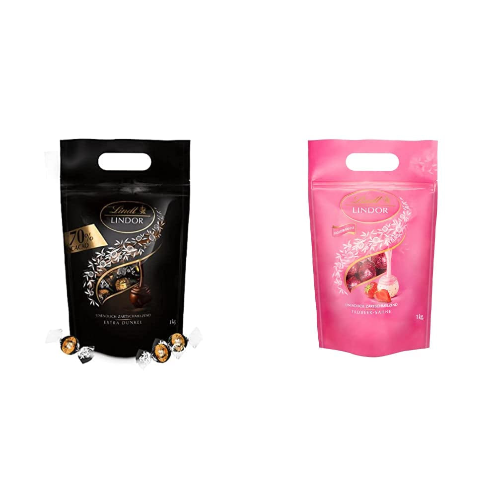 Bolas de chocolate extra oscuro Lindt LINDOR y bolas de chocolate con crema de fresa LINDOR | Bolsa resellable de 1 kg | aprox. 80 bolitas de chocolate blanco con crema de fresa