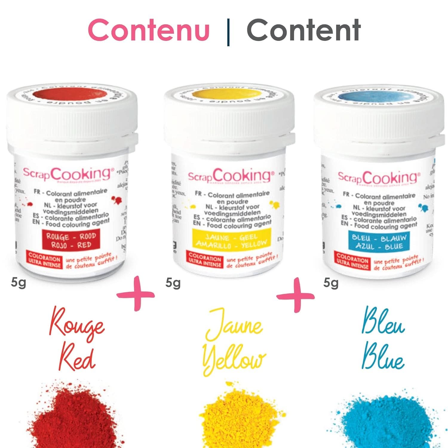 ScrapCooking, Set de 3 colorantes alimentarios en polvo: rojo, amarillo, azul, 3 x 5 gramos Naty Shop