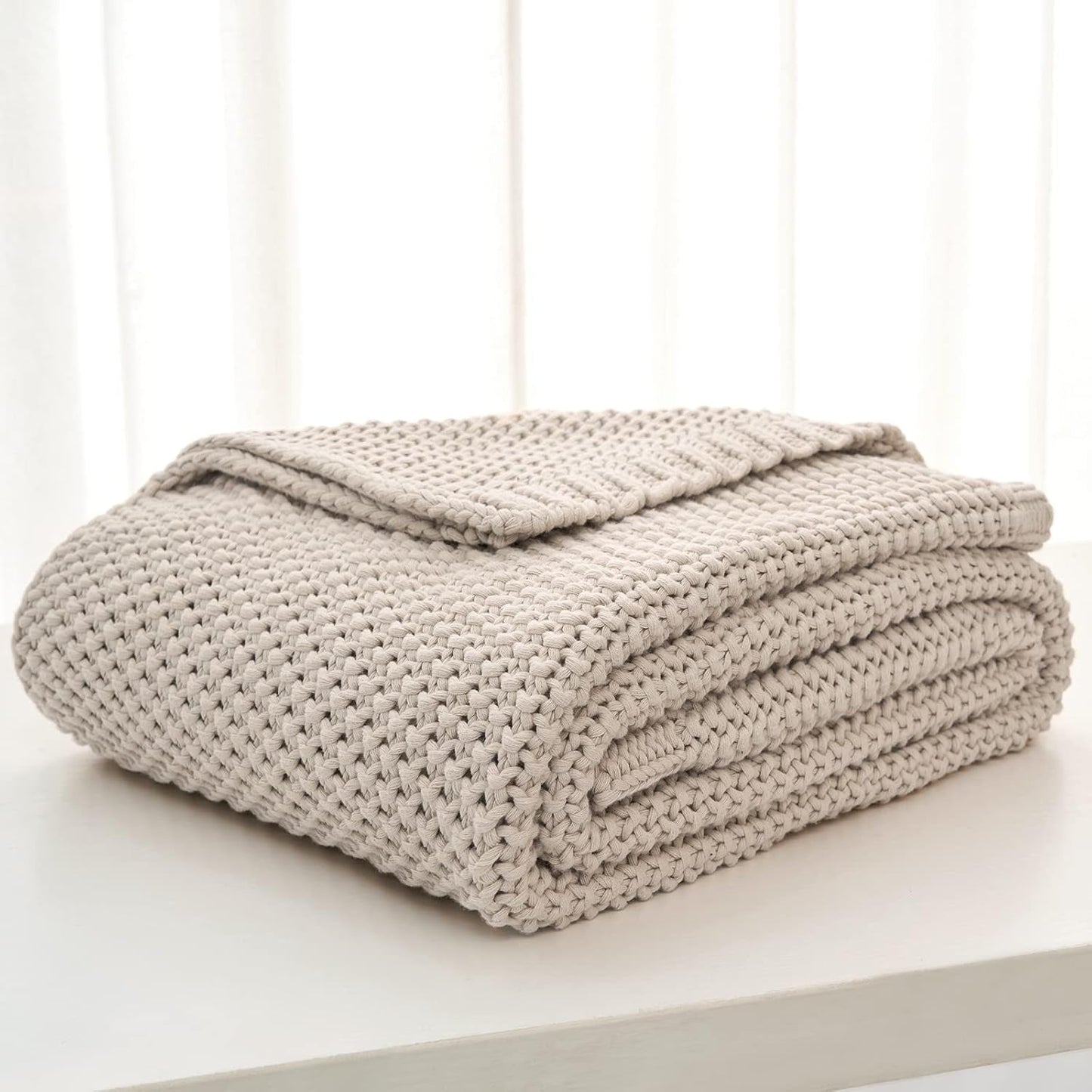 Manta de punto grueso, Ligera, Beige, 100% algodón orgánico, Manta para sofá, sofá, cama, niño, habitación infantil, Rústica, Shabby chic, Casa de campo moderna, 152,4 X 203,2 cm, Incluye bolsa de lavandería Camas y mantas Ropa de cama Longhui