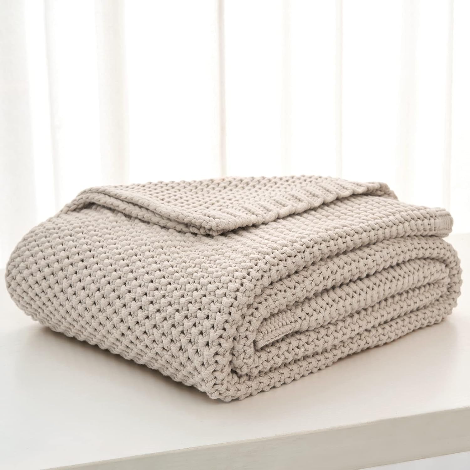Manta de punto grueso, Ligera, Beige, 100% algodón orgánico, Manta para sofá, sofá, cama, niño, habitación infantil, Rústica, Shabby chic, Casa de campo moderna, 152,4 X 203,2 cm, Incluye bolsa de lavandería Camas y mantas Ropa de cama Longhui