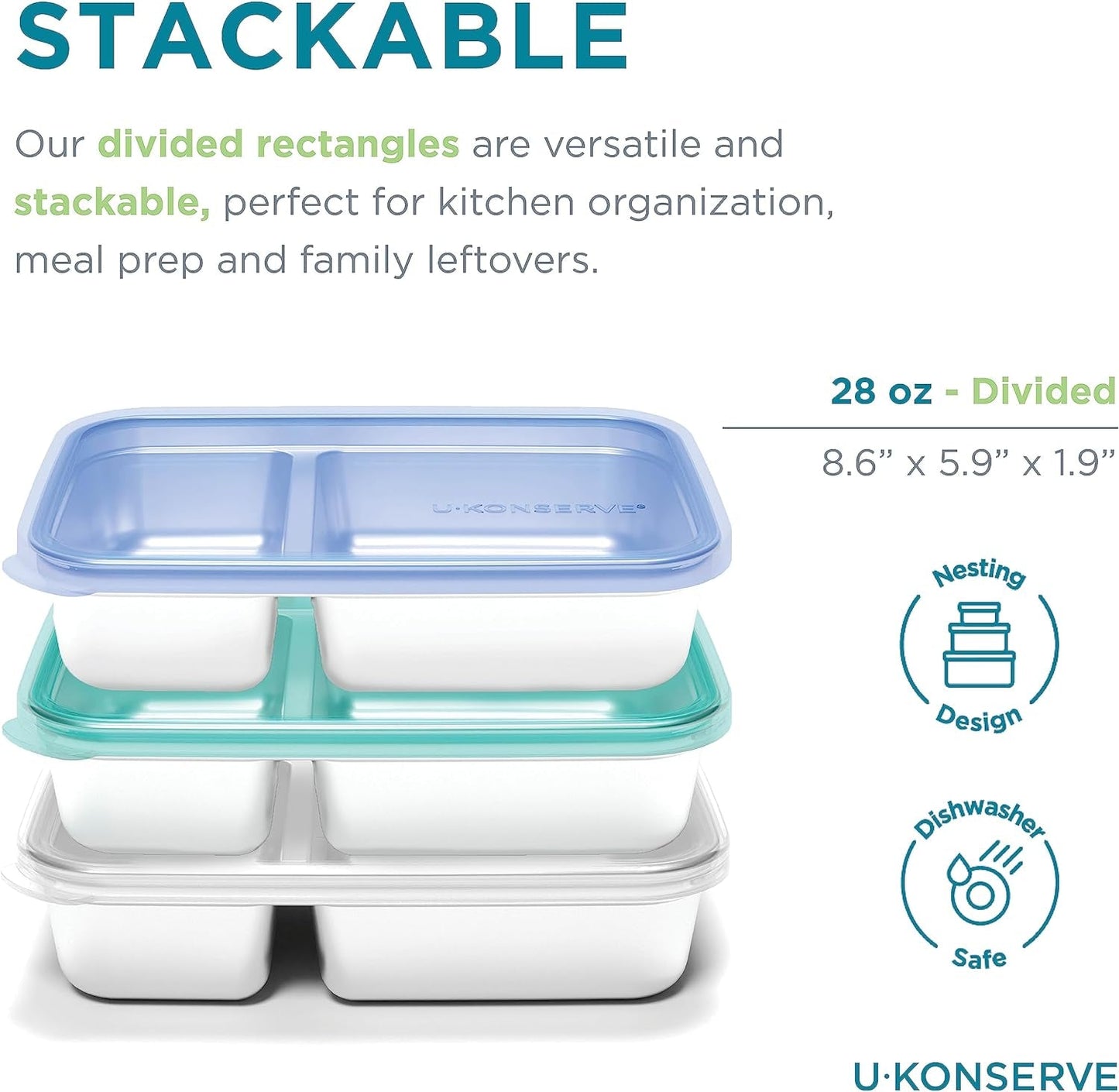 U Konserve - Recipiente para alimentos rectangular dividido de acero inoxidable con tapa de silicona - Island Teal - Cajas de almacenamiento de alimentos de 28 oz / 825 ml Naty Shop
