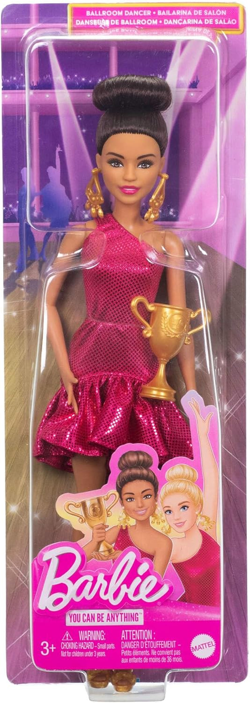 Muñeca Barbie bailarina de torneo con vestido rojo con volantes, zapatos de baile, cabello castaño y accesorios para trofeo de baile, JFR09