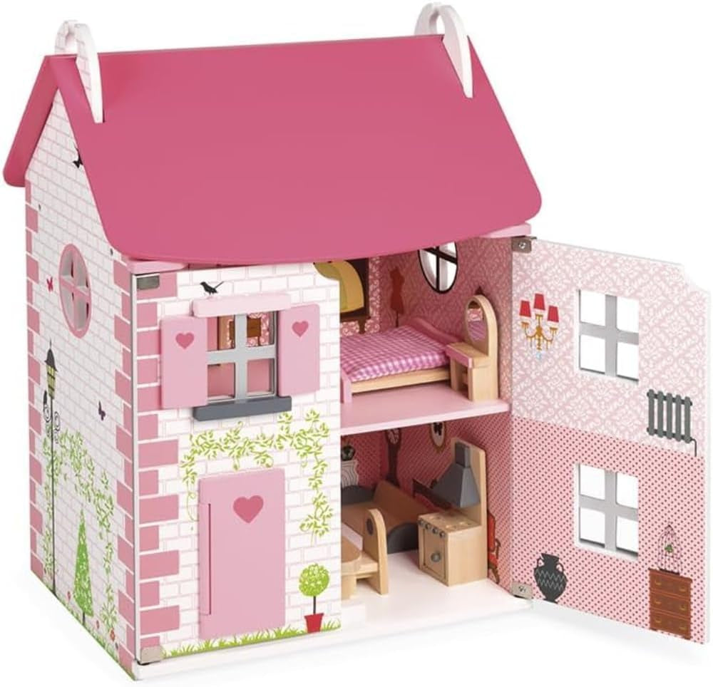 Janod Mademoiselle Casa de muñecas de madera de 3 pisos con 11 accesorios, réplica de juguete, desarrolla la imaginación, a partir de 3 años, J06581