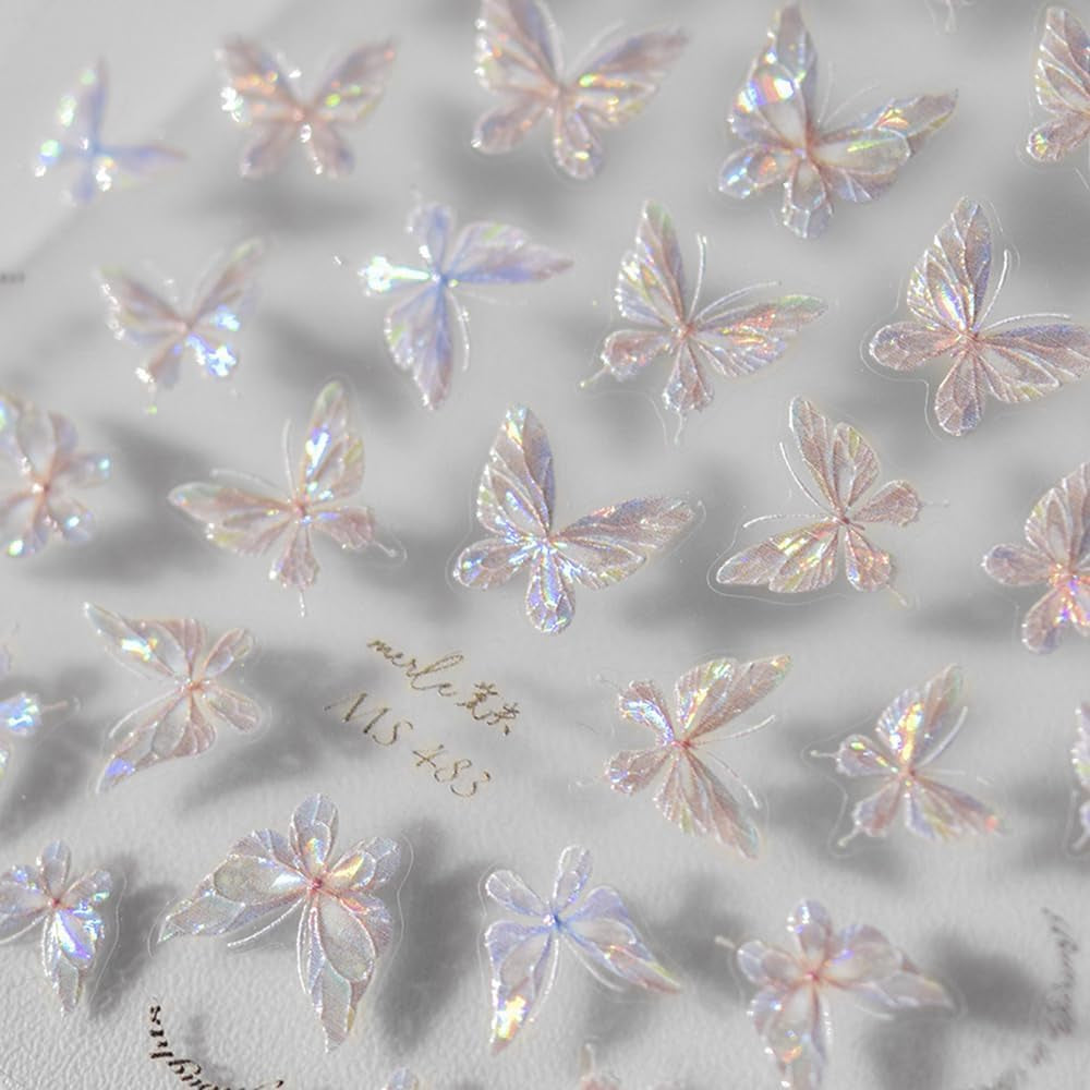 Glänzend Aurora Shell Schmetterling Nagelsticker Selbstklebend,Erleichterung Schmetterlinge Nail Sticker Rosa Laser Schmetterling Nagelaufkleber Für Frauen Nageldesign Zubehör Nagel Zubehör Nail Art