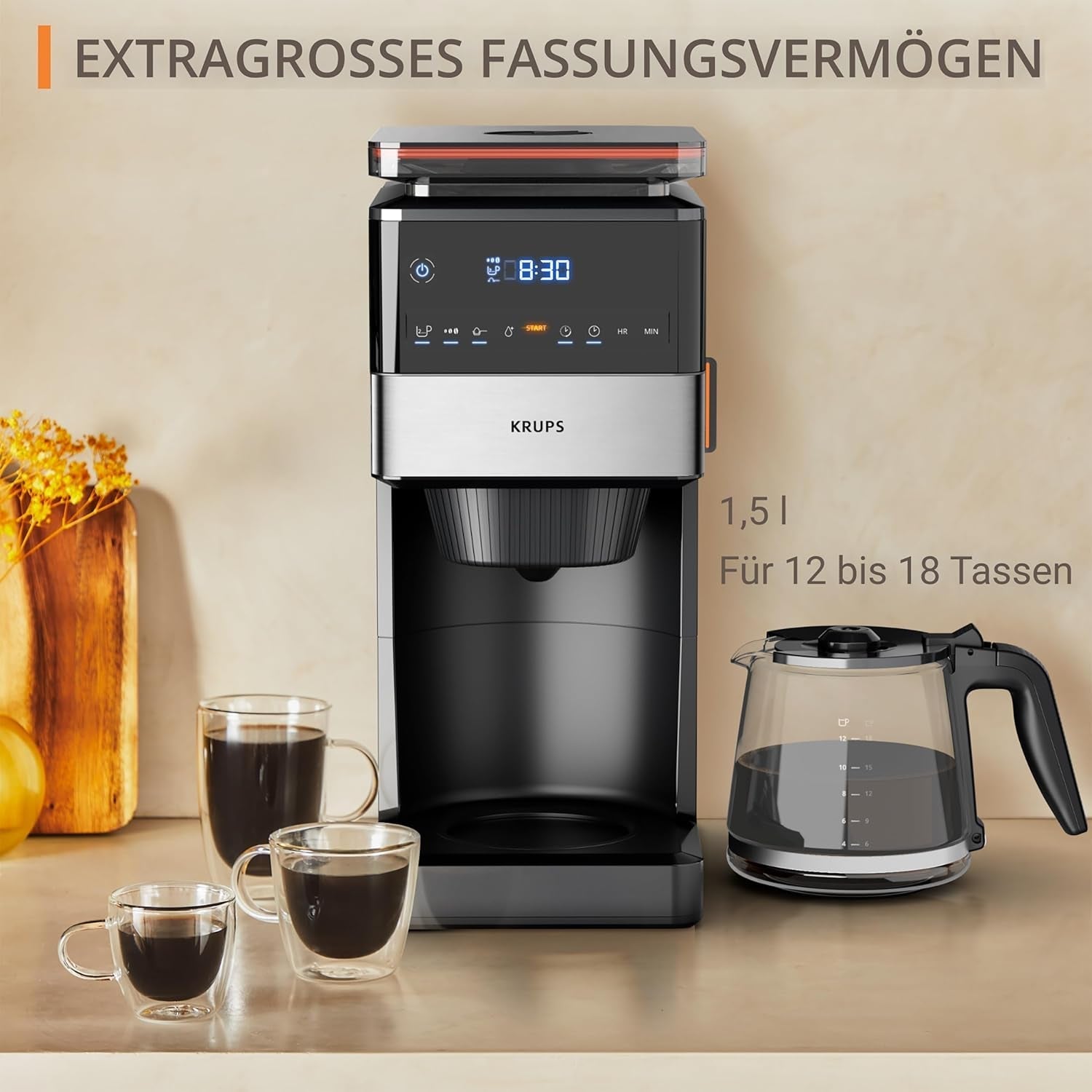 KRUPS Grind Aroma XL Cafetera espresso, Molinillo cónico desmontable, Panel de control digital, Capacidad XL (1,5 L), Función mantener caliente, Jarra de cristal, Negro/Acero inoxidable, KM842810