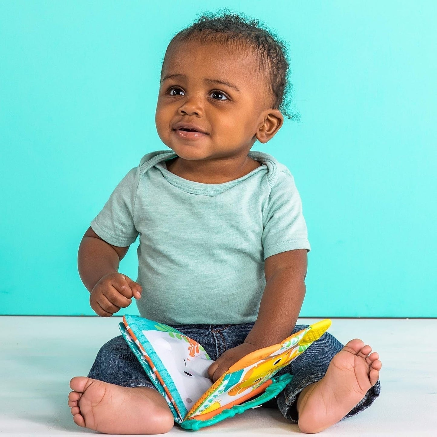Bright Starts, Teethe & Read, Sonajero Libro de Tela Juguete para Agarrar y Tela Libro de Imágenes de Animales, Libro de Sonajero, Anillo para la Dentición, Gomas Calmantes, Juguete para Bebés y Niños Pequeños 3 Meses Juguetes para Bebés Naty Shop