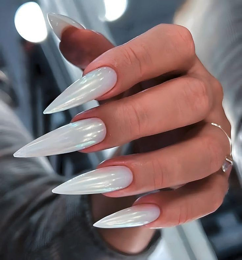 Mouyouglow-uñas largas Stiletto, color blanco lechoso, degradado, purpurina rosa, uñas postizas frescas con pegamento, uñas artificiales con purpurina rosa ombré